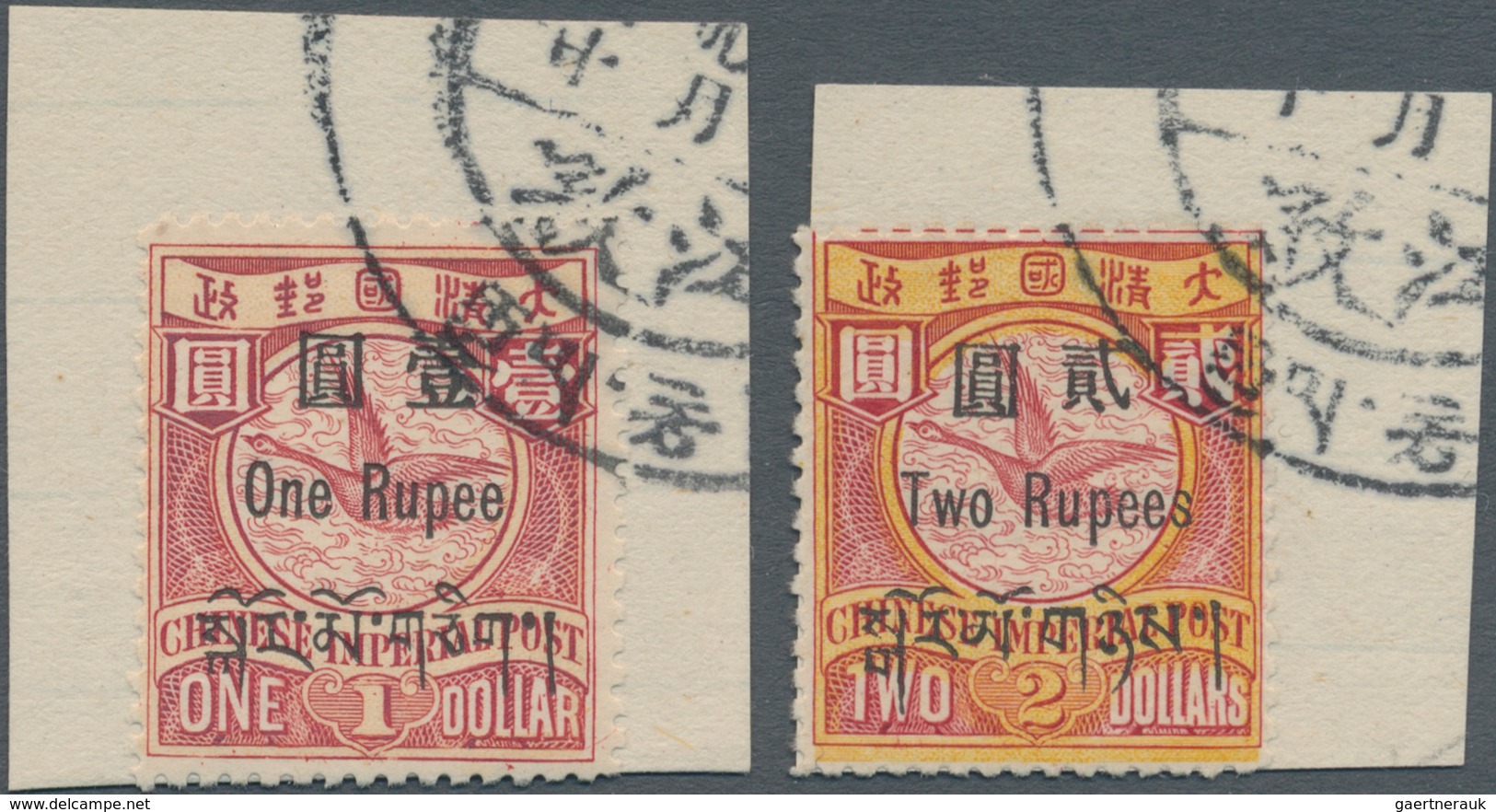 China - Provinzausgaben - Chinesische Post In Tibet (1911): 1911, Set 3 P./1 C. To 2 R./$2 Tied "GYA - Xinjiang 1915-49