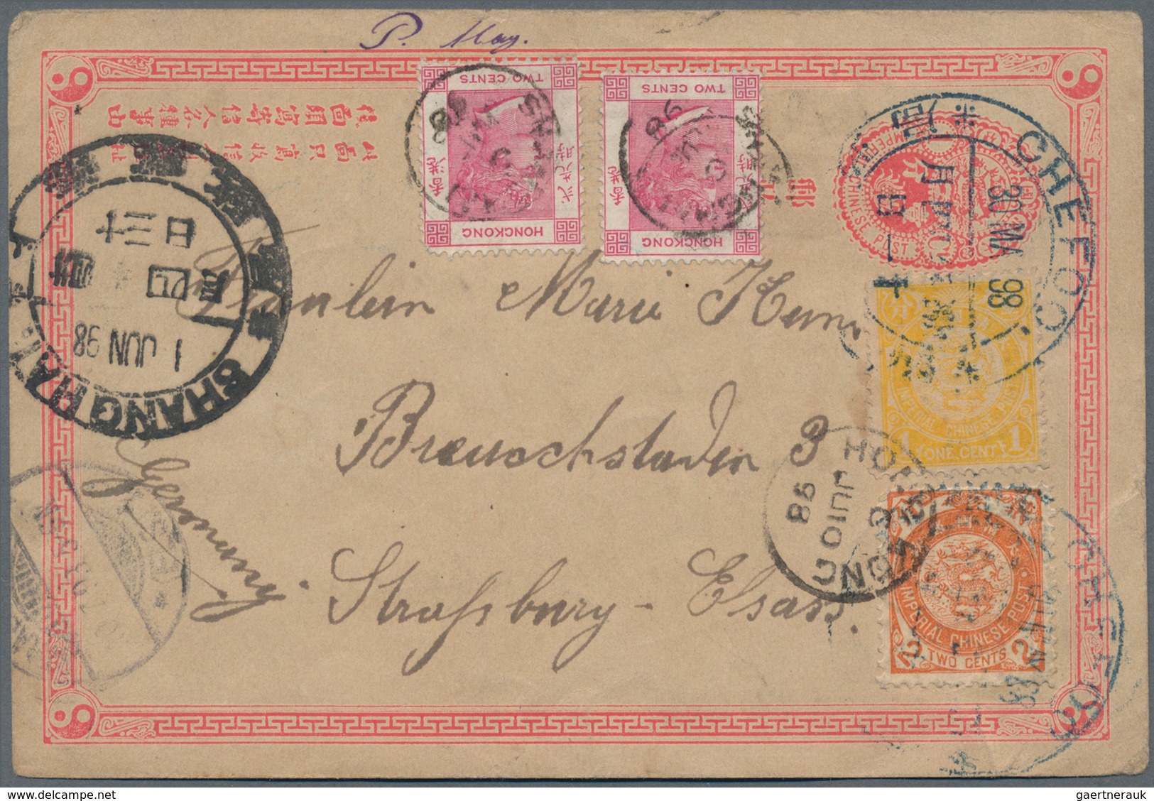 China - Ganzsachen: 1897, Card ICP 1 C. Uprated Tokyo Coiling Dragons 1 C., 2 C. Canc. Large Dollar - Ansichtskarten