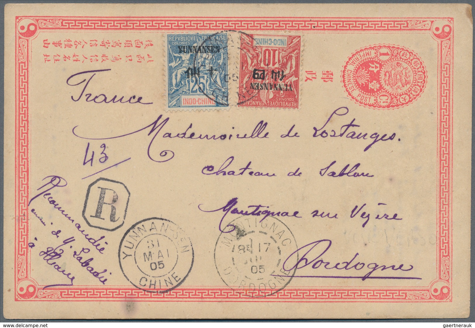 China - Ganzsachen: 1905. Registered Imperial Chinese Post Postal Stationery Card 1 Cent Pink Bearin - Ansichtskarten