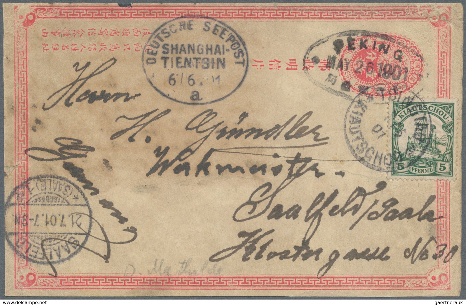 China - Ganzsachen: 1897, Card ICP 1 C. Cto "PEKING" Used As Form Franked Kiautschou 5 P. Tied "TSIN - Postcards