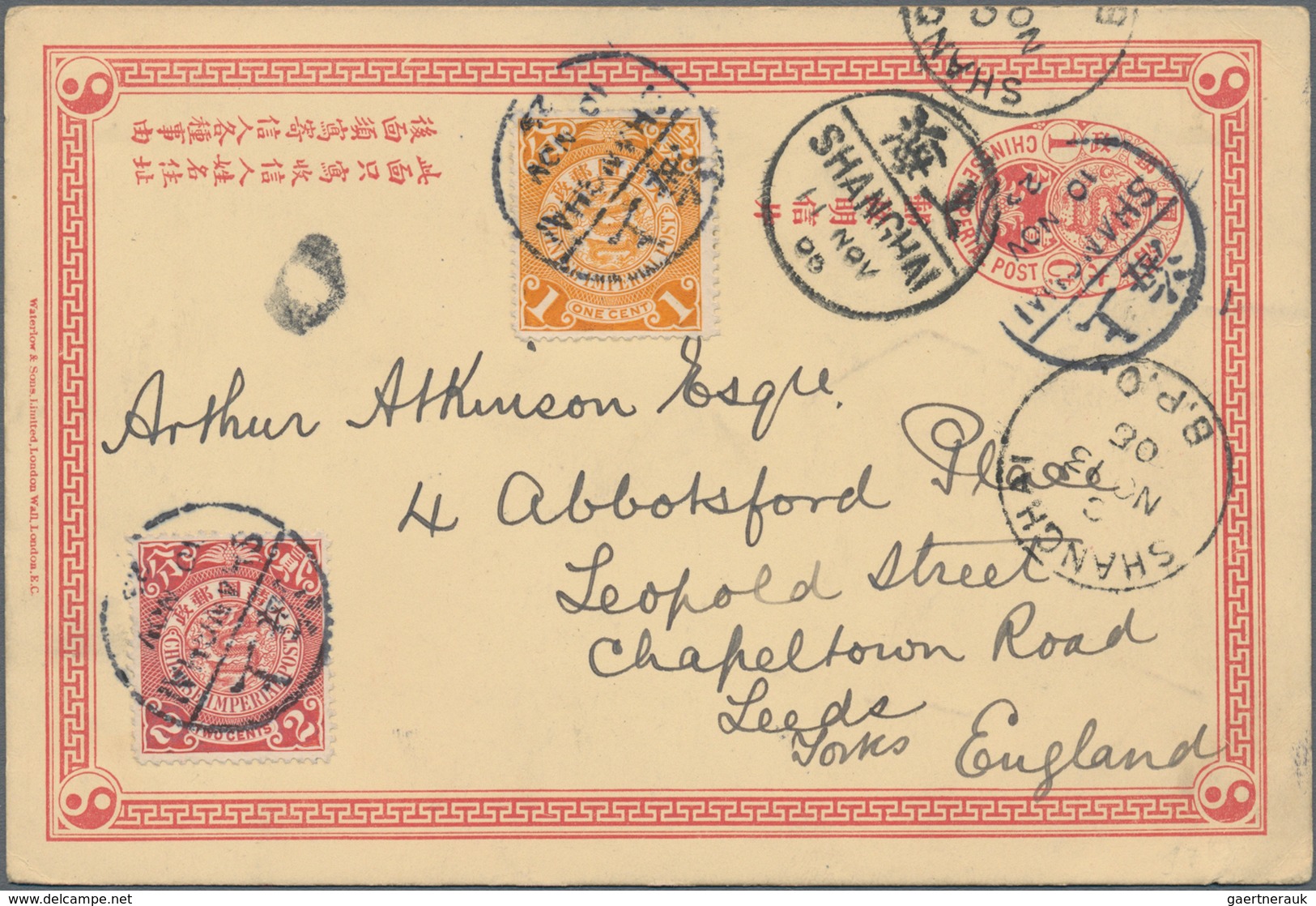 China - Ganzsachen: 1898, Card CIP 1 C. Uprated 1 C., 2 C. Red Canc. "SHANGHAI 11 NOV 05" Via BPO Sh - Postcards