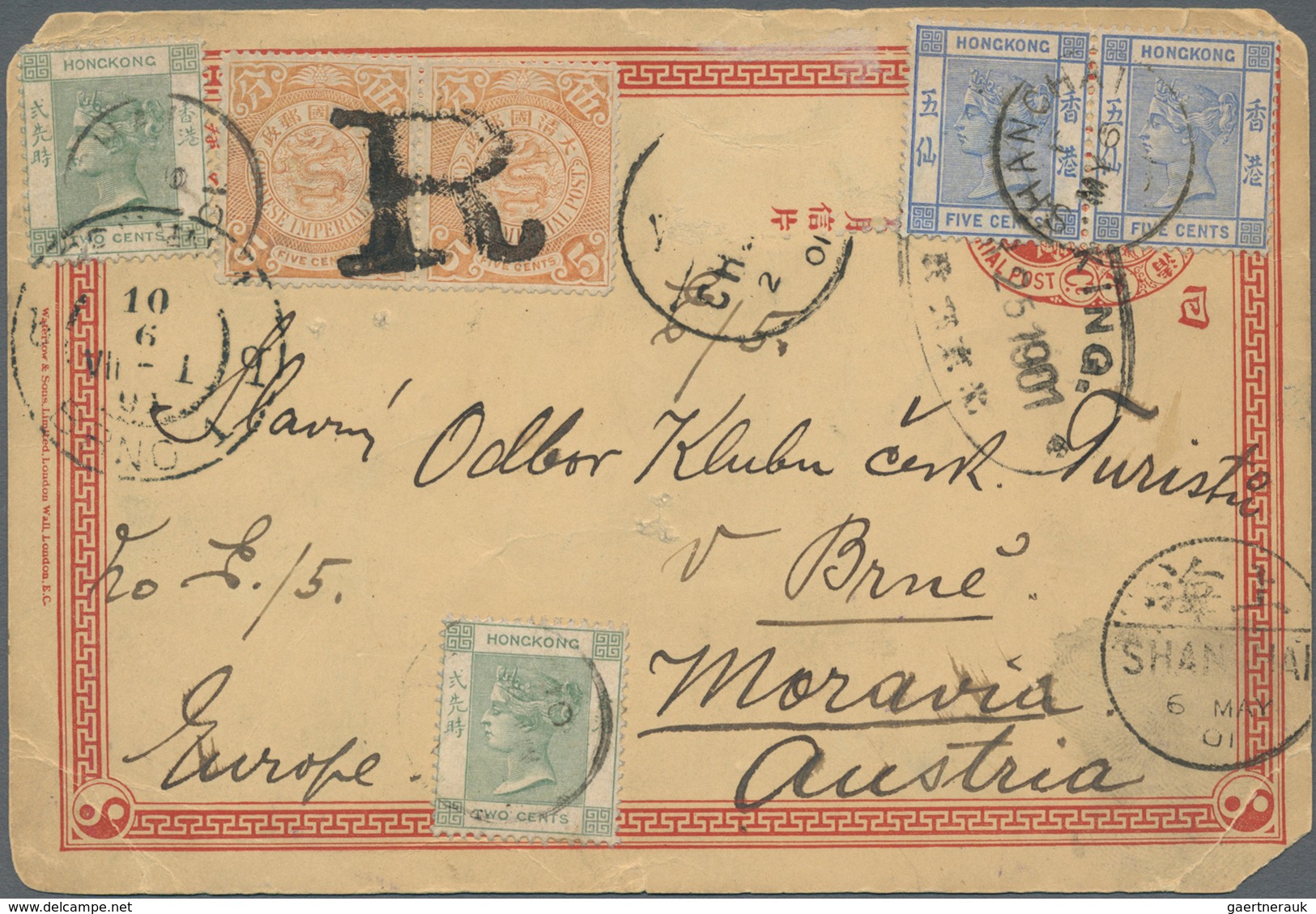 China - Ganzsachen: 1898, Card CIP 1 C. Reply Part Uprated Coiling Dragon 5 C. Flesh (pair) Canc. Bo - Ansichtskarten