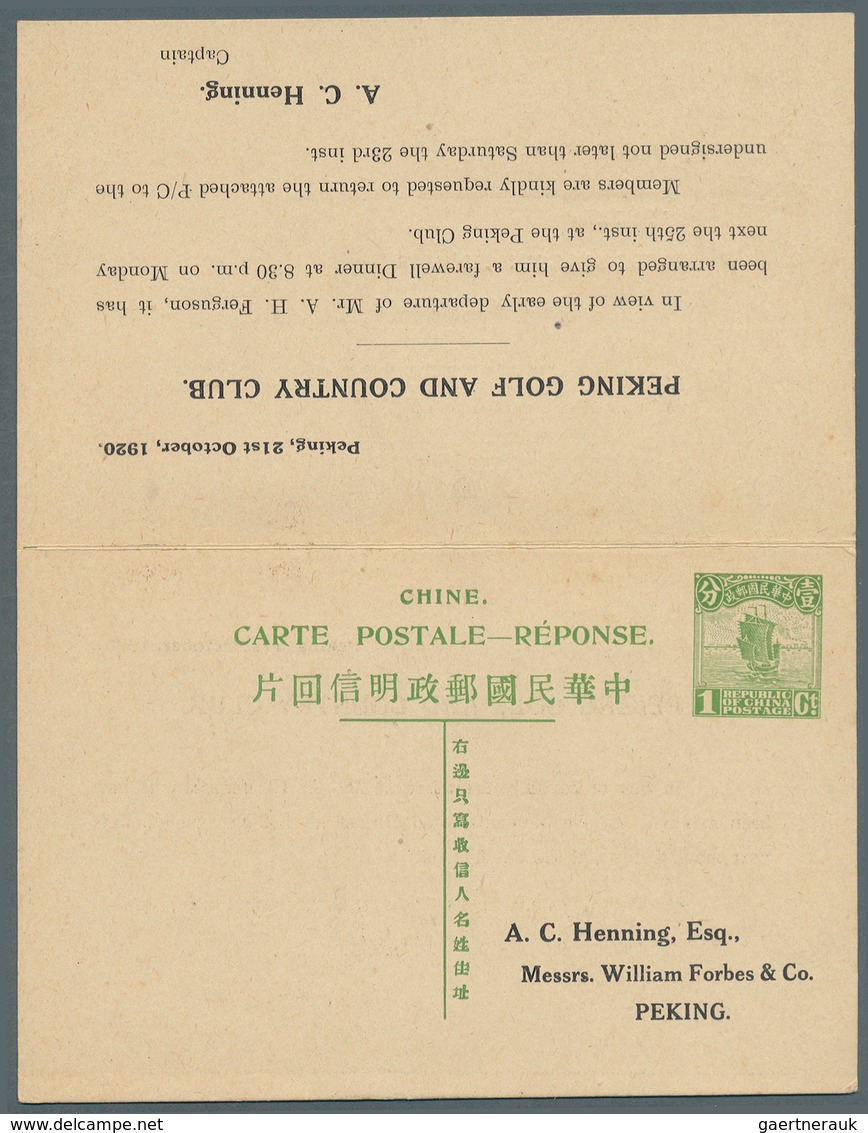 China - Ganzsachen: 1920. Chinese Imperial Post Postal Stationery Double Reply Card 'Junk' 1c Apple- - Postcards