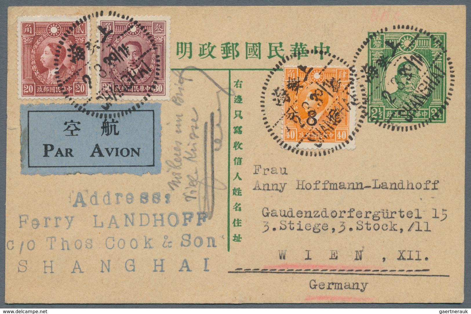 China - Ganzsachen: 1935, SYS 2 1/2 C. Green Uprated Martyrs 8 C./40 C., 20 C., 30 C. For Airmail Fo - Ansichtskarten