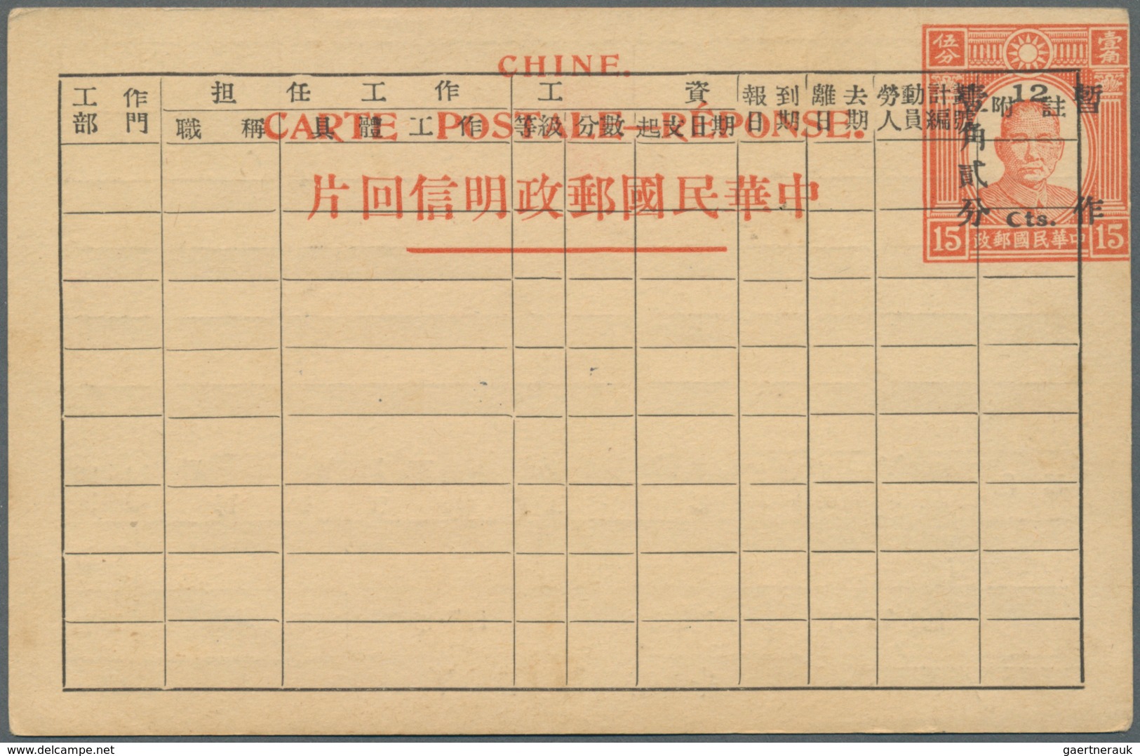 China - Ganzsachen: 1940 (ca.). Postal Stationery 'Reponse' 'Sun Yat-Sen' 12c On 15c Orange For Prov - Ansichtskarten