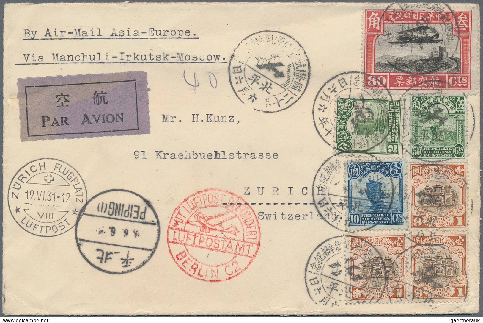 China - Flugpost: 1931, Air Mail 30 C., Hall Of Classics $1 (3) Etc. $3.92 Air Mail Frank Tied "Peip - Sonstige & Ohne Zuordnung