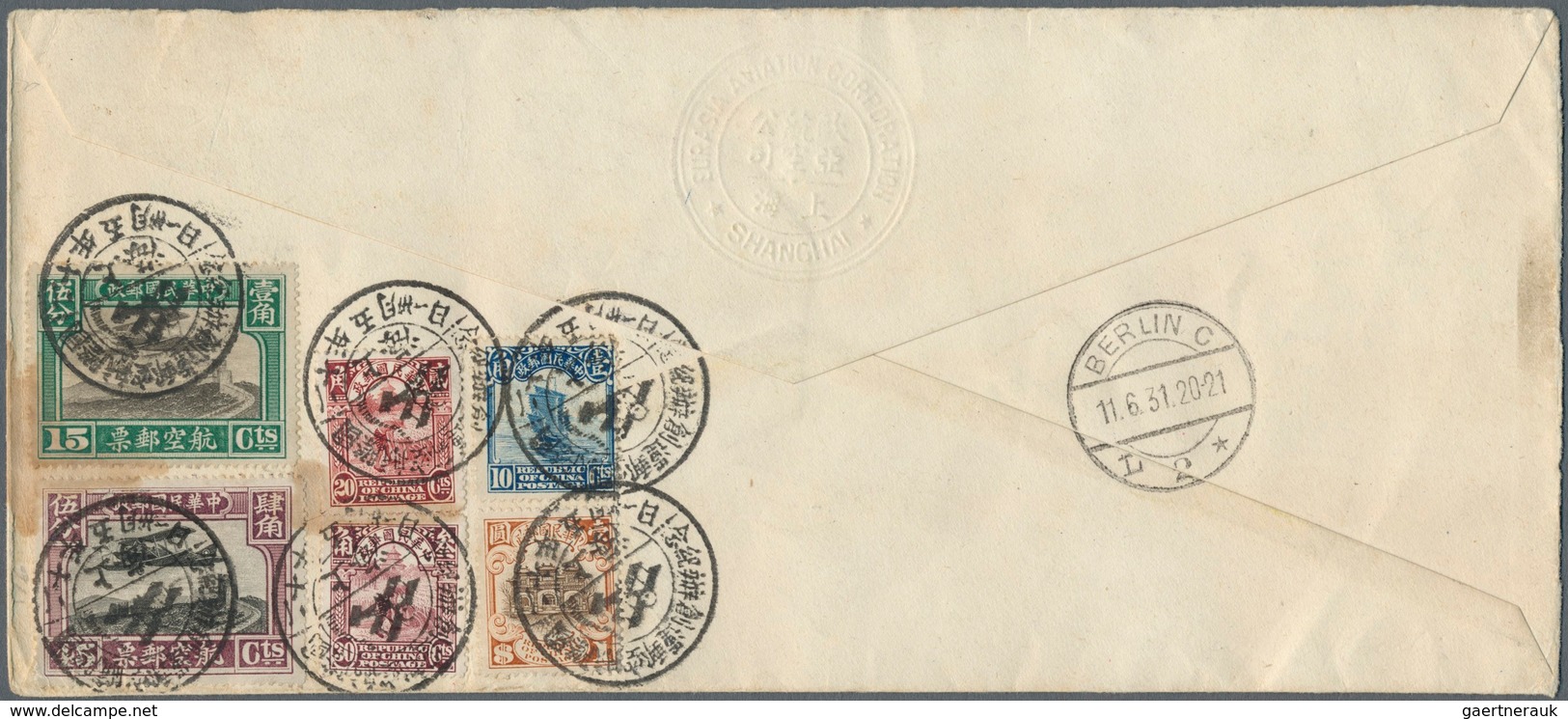 China - Flugpost: 1931, Eurasia, FFC China Berlin W. On Reverse Total $2.20 Franking Tied Six Strike - Other & Unclassified