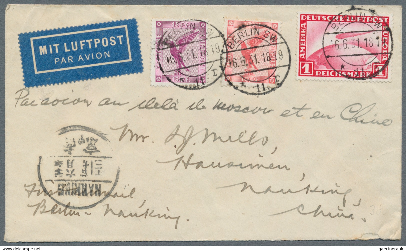 China - Flugpost: 1931, FFC Eurasia Germany-China Via Siberia, Total 1.25 RM Tied "BERLIN SW 16.6.31 - Other & Unclassified