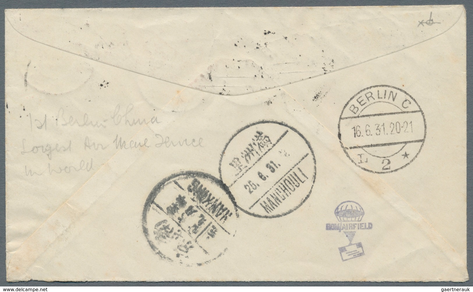 China - Flugpost: 1931, FFC Eurasia Germany-China Via Siberia, Total 1.25 RM Tied "BERLIN SW 16.6.31 - Sonstige & Ohne Zuordnung