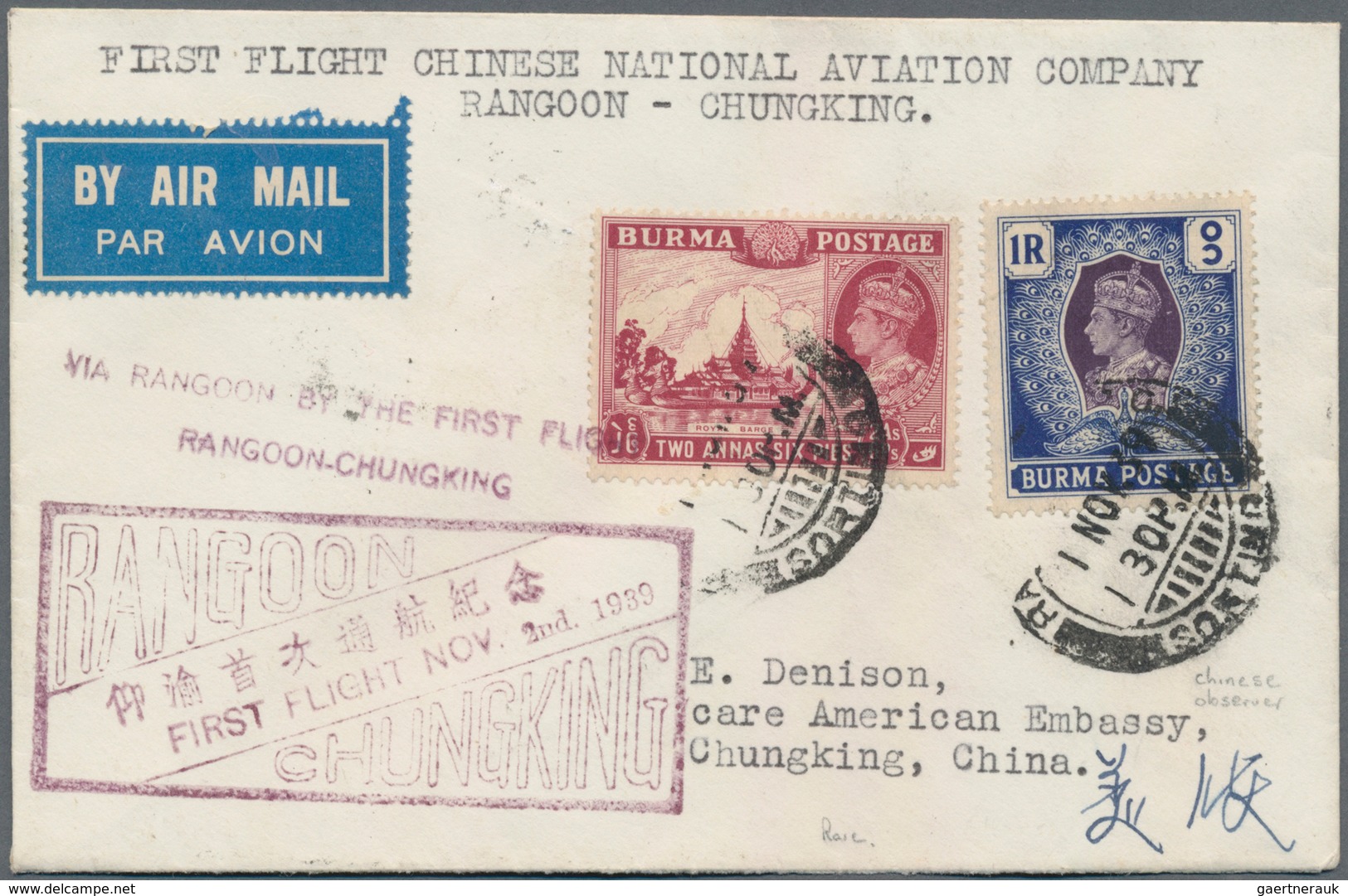 China - Flugpost: 1939, First Flight Air Mail Envelope Headed "First Flight Chinese National Aviatio - Sonstige & Ohne Zuordnung