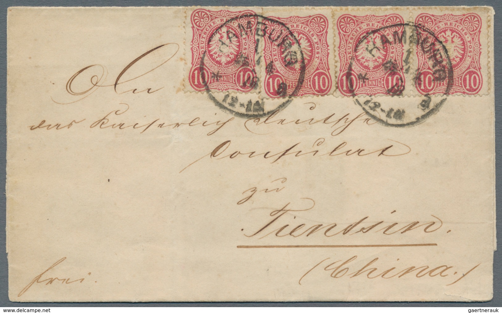 China - Incoming Mail: 1878, Cover From HAMBURG Franked With 4 Copies 10 Pfennige Addressed To Tient - Other & Unclassified