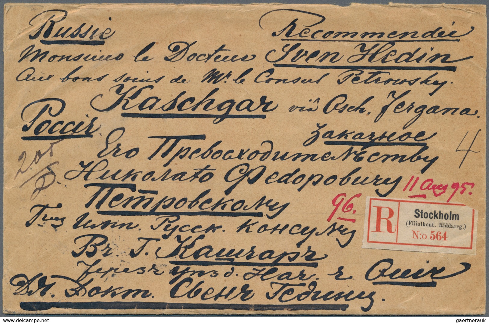 China - Incoming Mail: 1895 KASHGAR, SINKIANG: Registered Cover From Ludwig Hedin, Stockholm, Sweden - Sonstige & Ohne Zuordnung