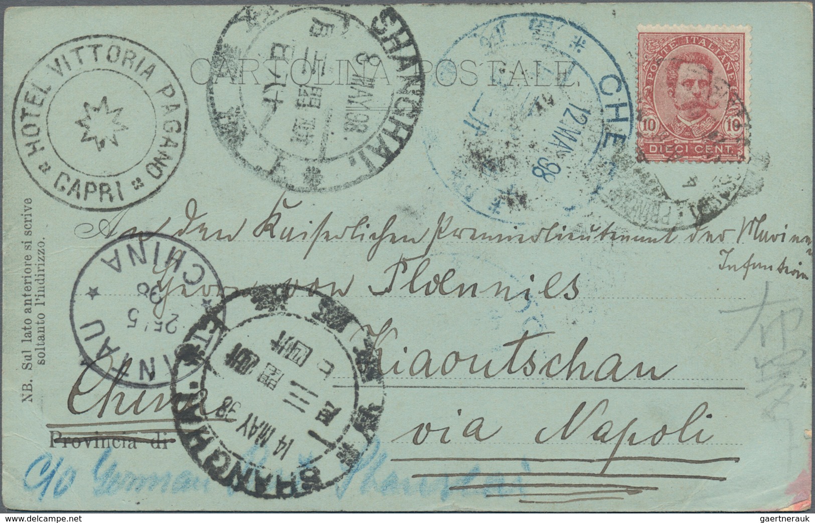 China - Incoming Mail: Italy, 1898, 10 C. On Ppc "Capri" To Kiautschou, Transits Large Dollar "SHANH - Sonstige & Ohne Zuordnung