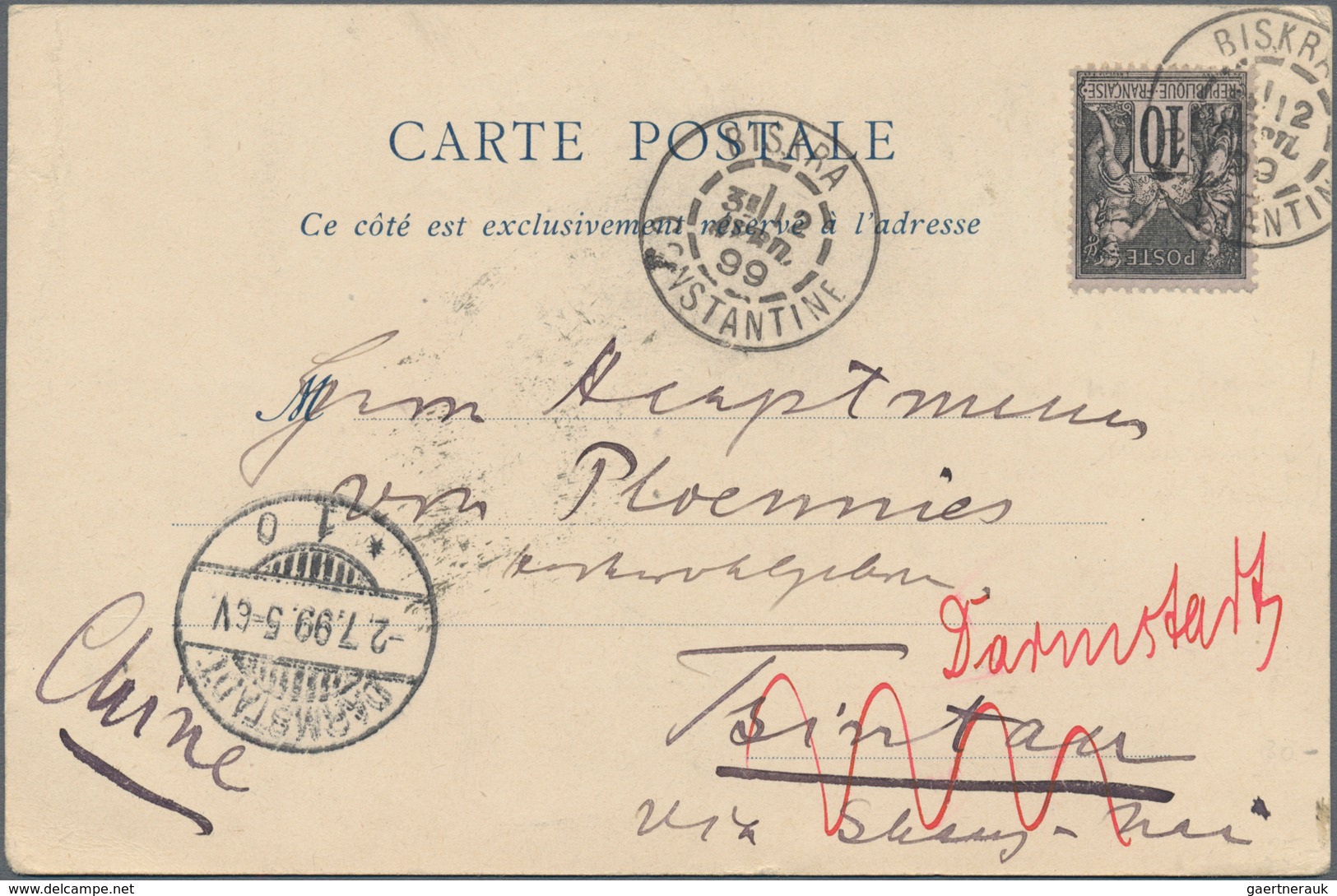 China - Incoming Mail: 1899, Algeria, France 10 C. Tied "BISKRA CONSTANTINE 12 AVR 99" To Ppc "Mauri - Autres & Non Classés