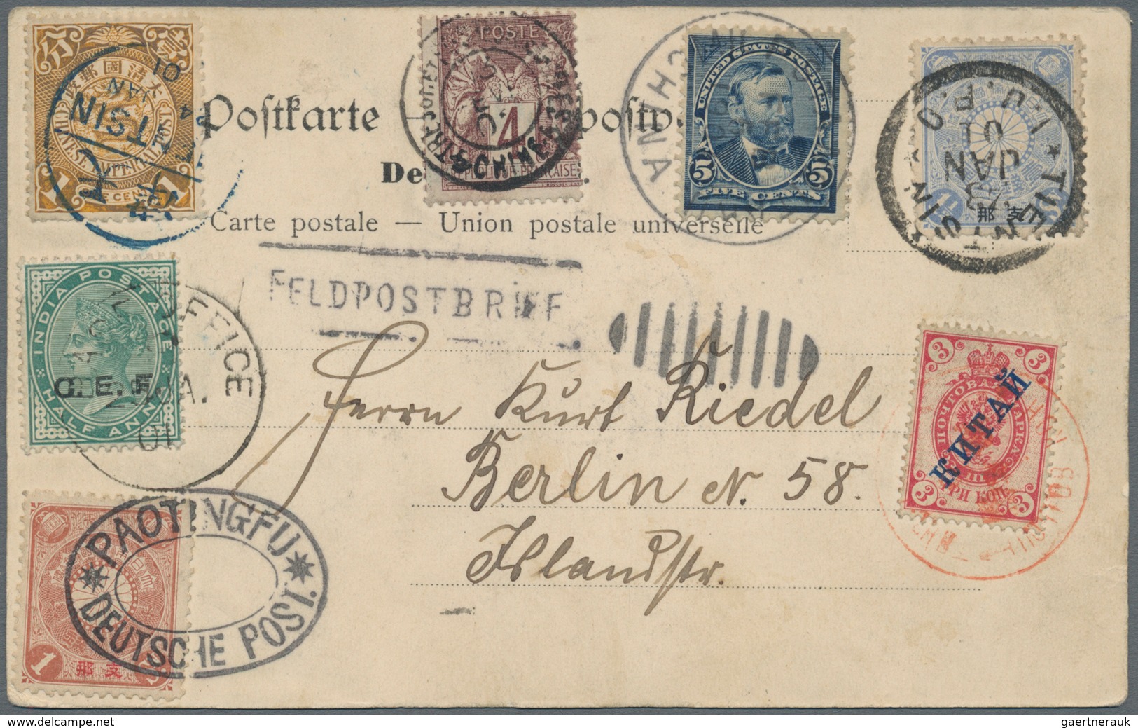 China - Incoming Mail: 1901, 6-country Card (ppc "new Tsingtau Whole View") With Frankings Of China - Sonstige & Ohne Zuordnung