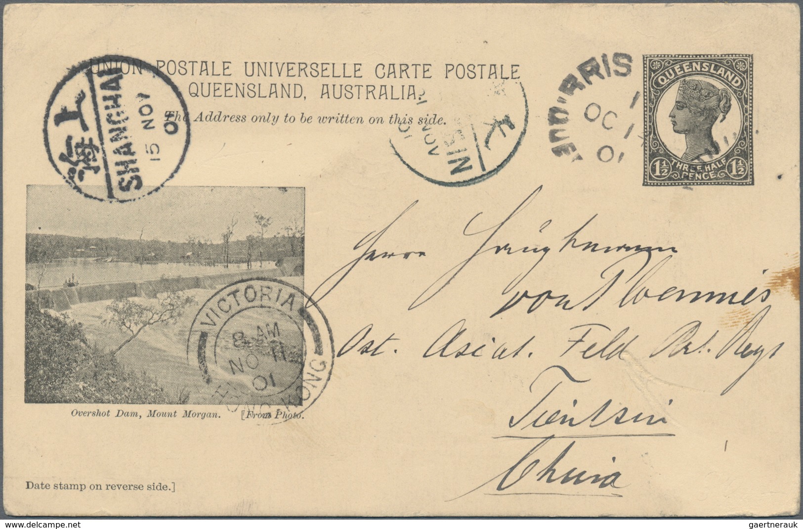 China - Incoming Mail: Queensland (Australia), 1901, Pictorial Stationery QV 1 1/2 C. Used "BRISBANE - Sonstige & Ohne Zuordnung