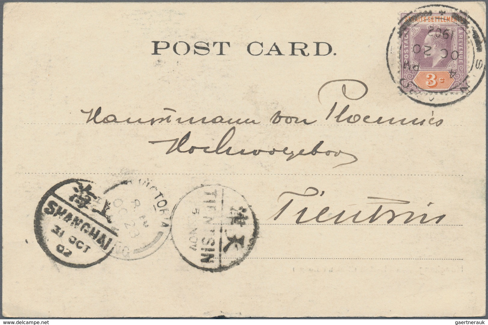 China - Incoming Mail: 1902, Straits Settlements 3 C. Tied "SINGAPORE OC 20 1902" To Ppc "Hong Kong - Sonstige & Ohne Zuordnung