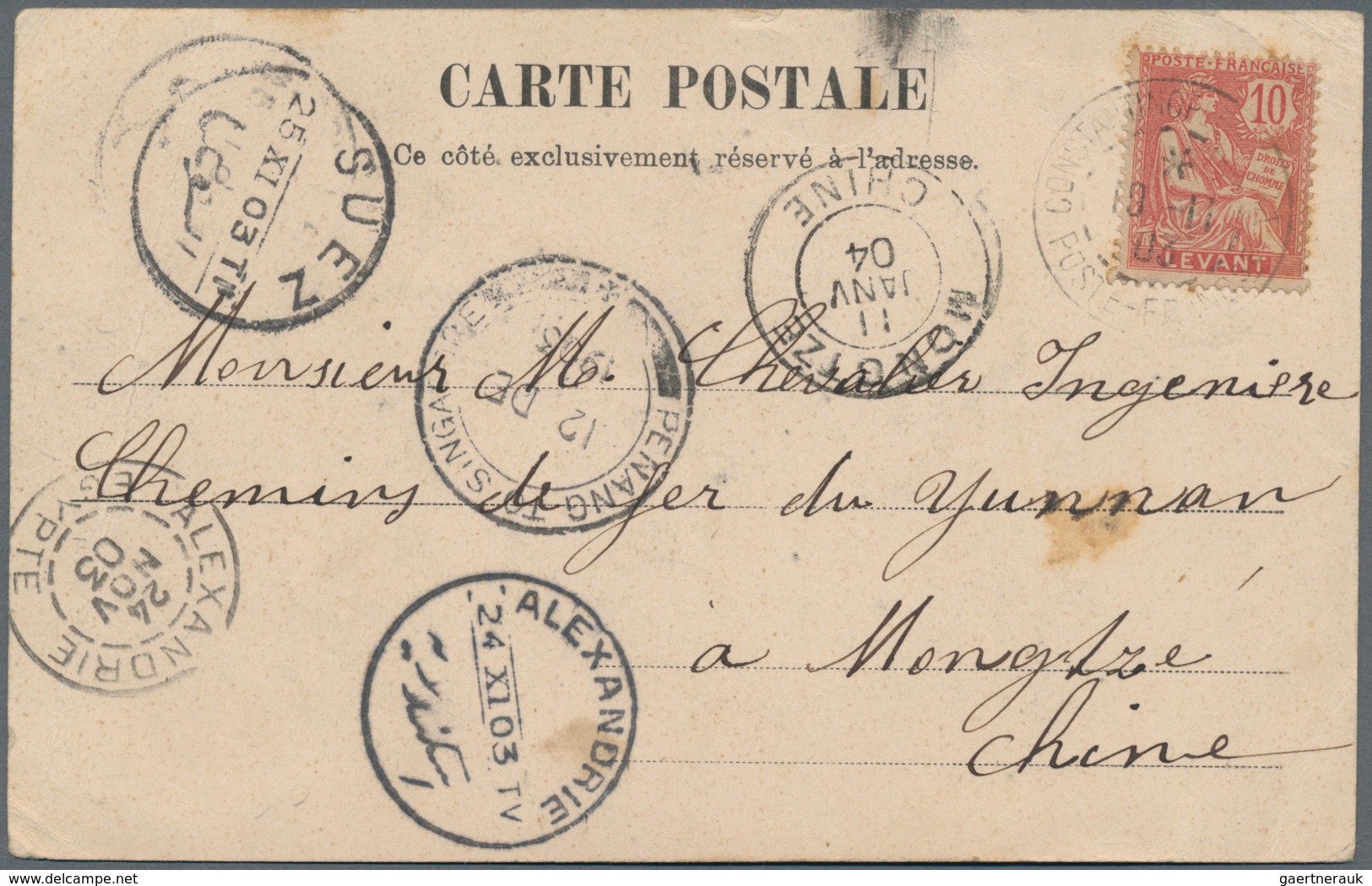 China - Incoming Mail: 1903, French Levant Offices In Turkey O Mengtsz/Yunnan: 10 C. Tied "CONSTANTI - Sonstige & Ohne Zuordnung