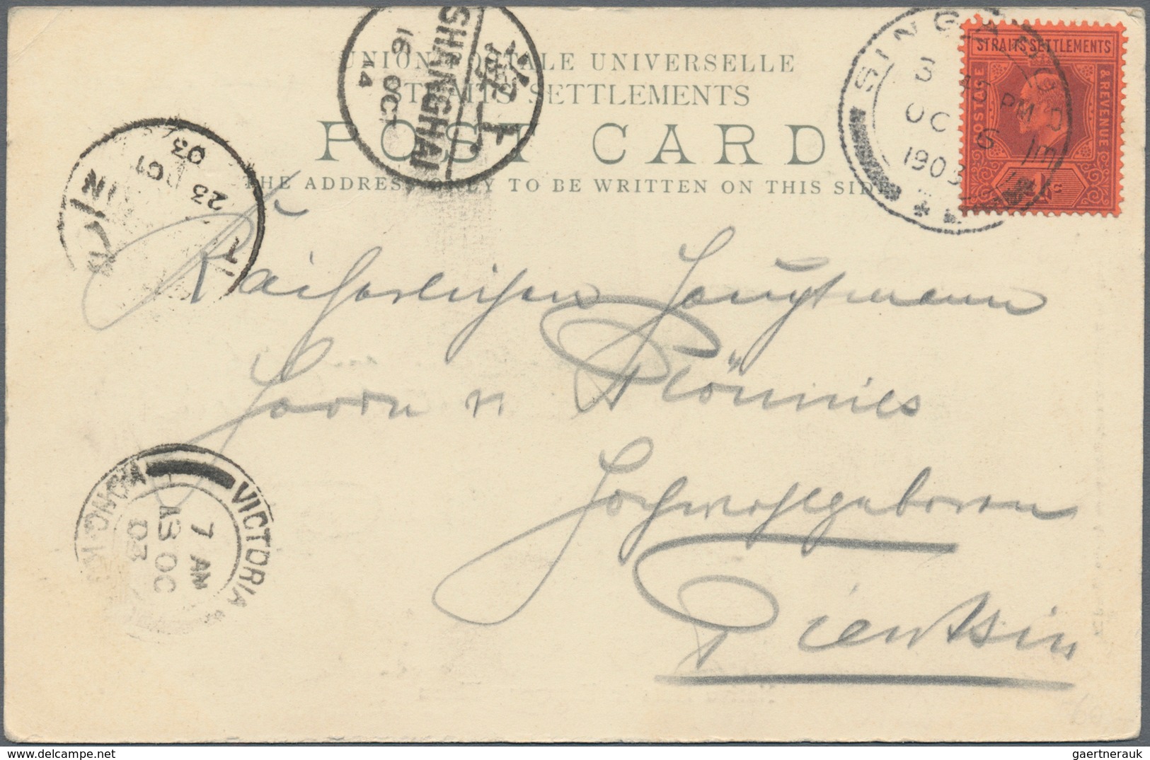 China - Incoming Mail: 1903, Straits Settlements, KEVII 1d Tied "SINGAPORE OC 6 1903" To Ppc "Native - Andere & Zonder Classificatie