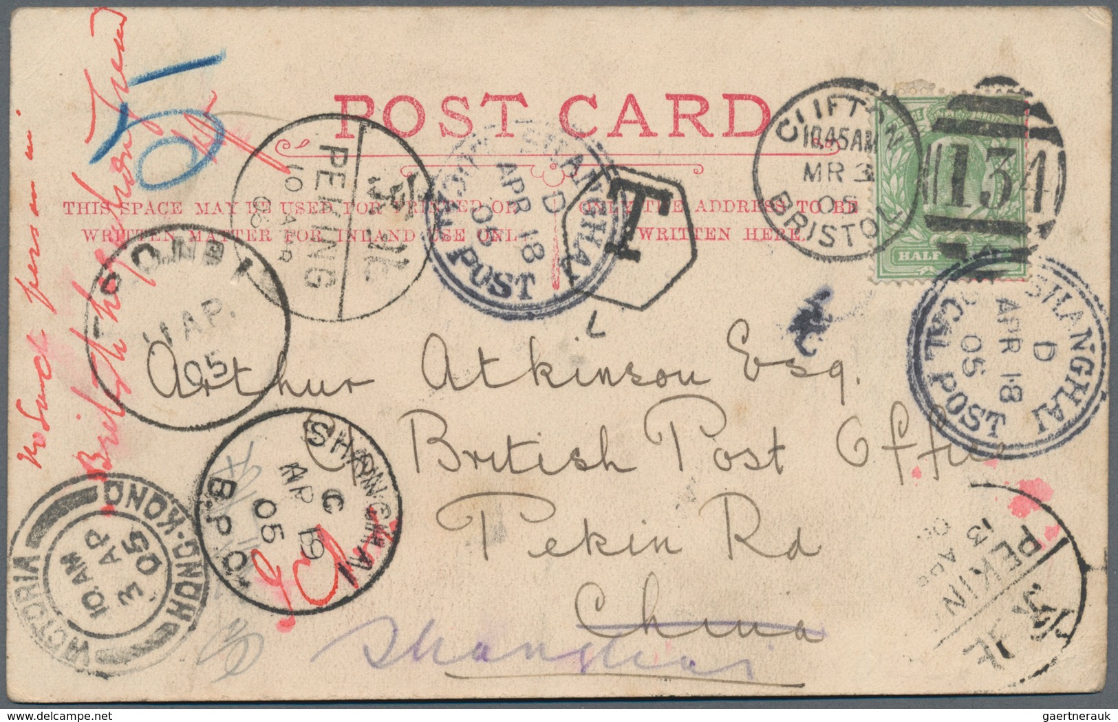 China - Incoming Mail: 1905, England, Ppc W. KEVII 1/2 D Tied "CLIFTON BRISTOK MR 3 05" And Marked S - Sonstige & Ohne Zuordnung