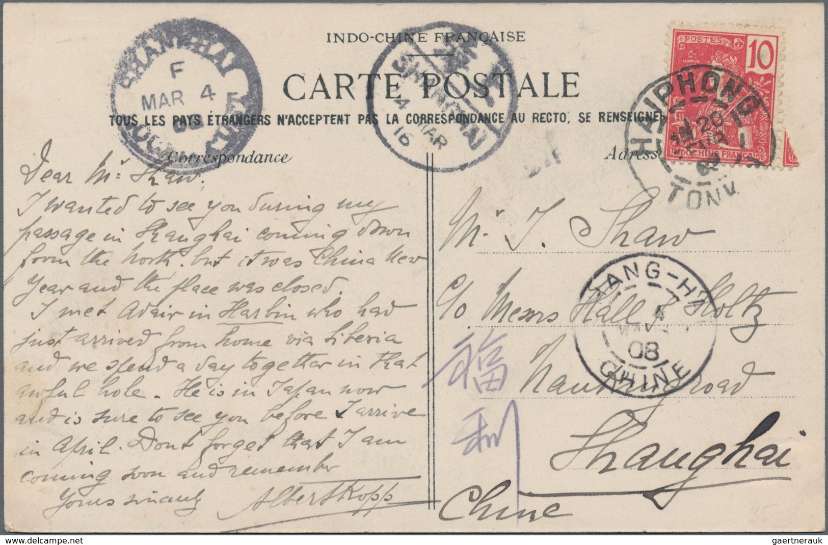 China - Incoming Mail: 1908, French Indochina 10 C. Tied "HAIPHONG 20 FEVR 08" To Ppc "Entry To Resi - Sonstige & Ohne Zuordnung