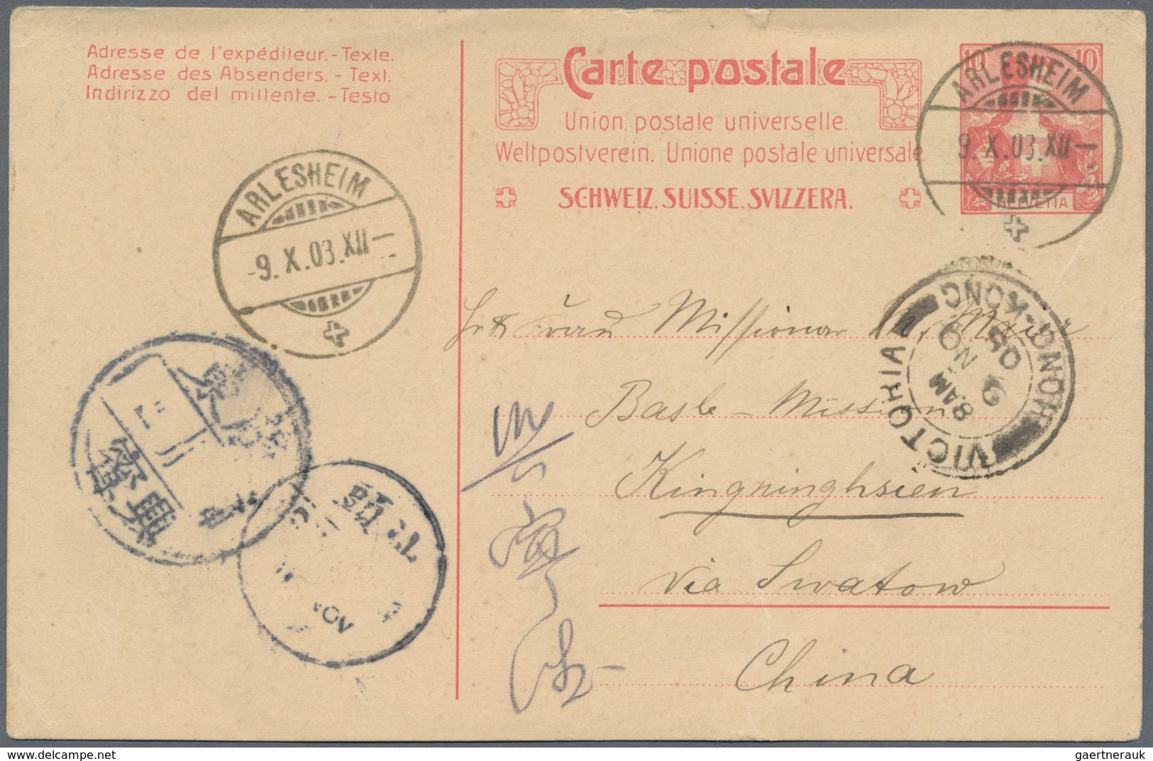 China - Incoming Mail: 1908, Swiss Postal Stationery 10 C. Tied To Clear "ARLESHEIM" Postmarks To Mi - Sonstige & Ohne Zuordnung