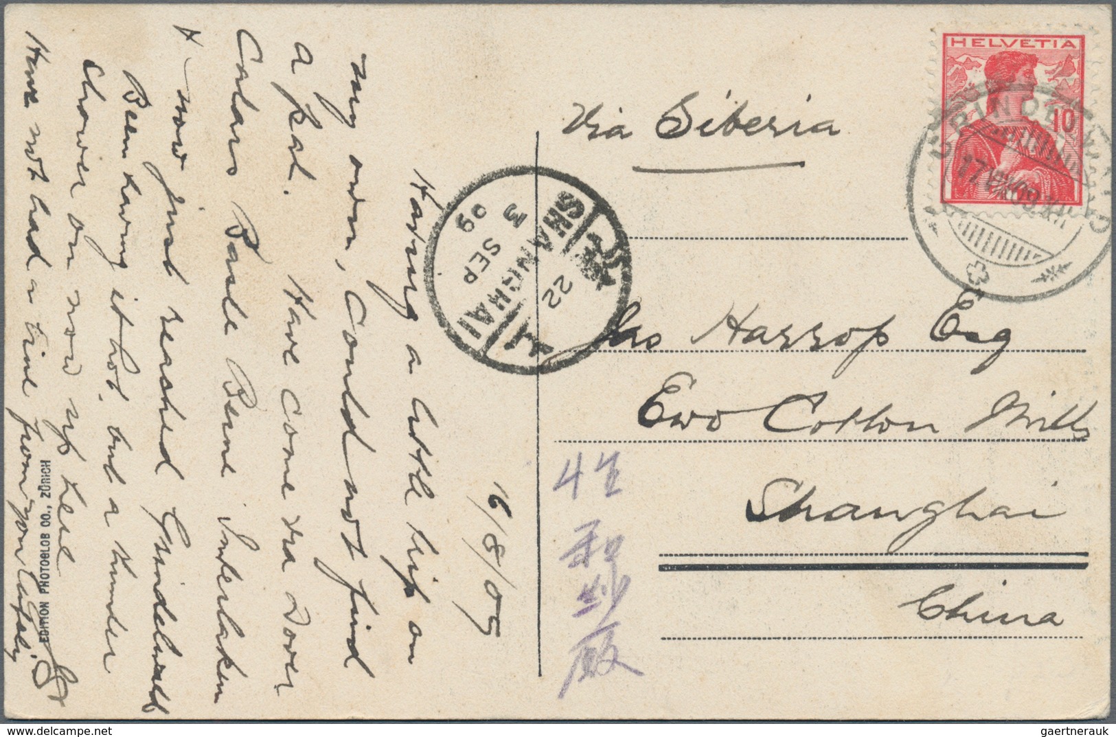 China - Incoming Mail: 1909, Switzerland, 10 C. Tied "GRINDELWALD 17.VIII.09" To Ppc (Interlaken And - Sonstige & Ohne Zuordnung