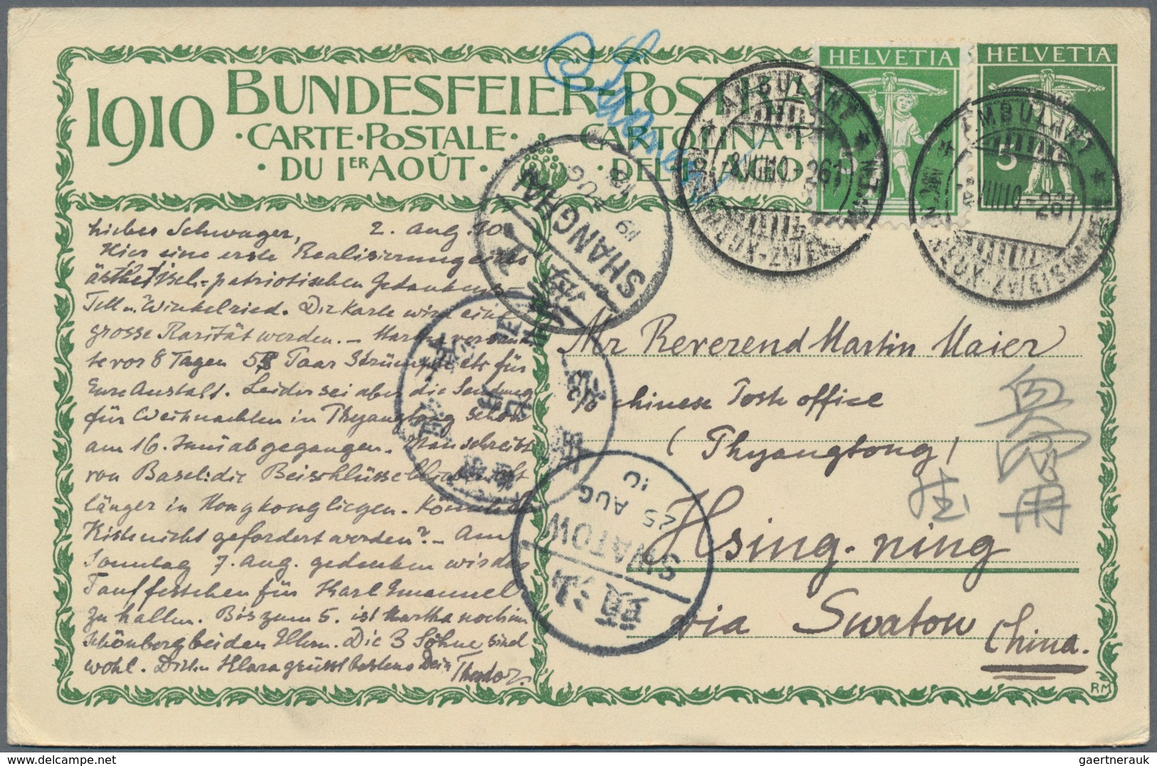 China - Incoming Mail: 1910, Swiss Postal Stationery 5 C. With 5 C. Tied To "MONTREUX - ZWEISIMMERN" - Sonstige & Ohne Zuordnung