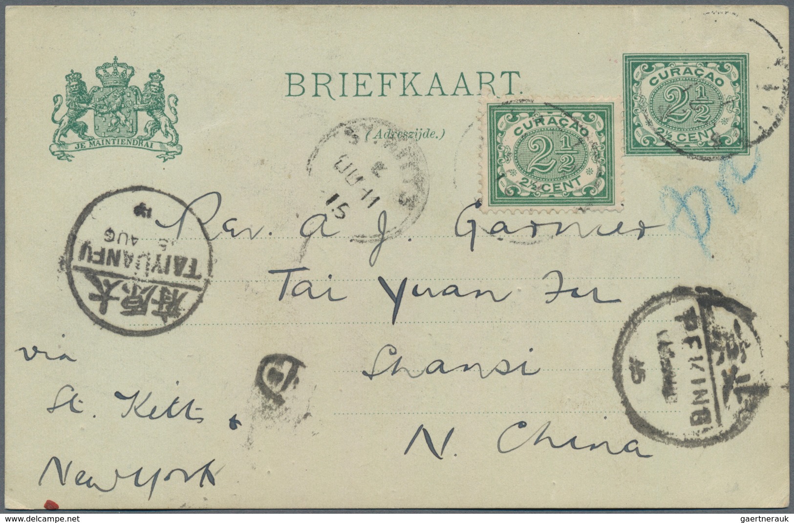 China - Incoming Mail: 1915, Curacao Postal Stationery Card 2 1/2 C. Green Upgraded With Yvert 31, 2 - Sonstige & Ohne Zuordnung