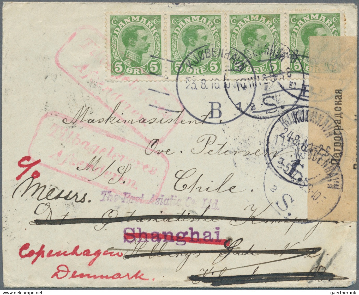 China - Incoming Mail: 1916, Denmark, 5 Oe. Green "KJOBENHAVEN 23.8.16" To Ship "Chile" At Shanghai, - Sonstige & Ohne Zuordnung