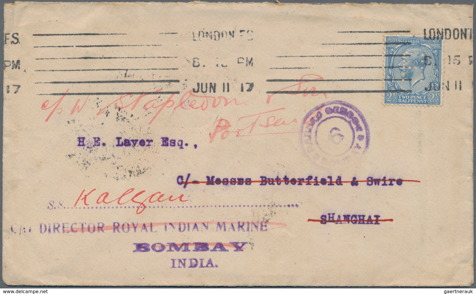 China - Incoming Mail: UK, 1917, Cover KGV 2 1/2d Tied "LONDON JUN 11 17" To Cover To Shanghai, Then - Other & Unclassified