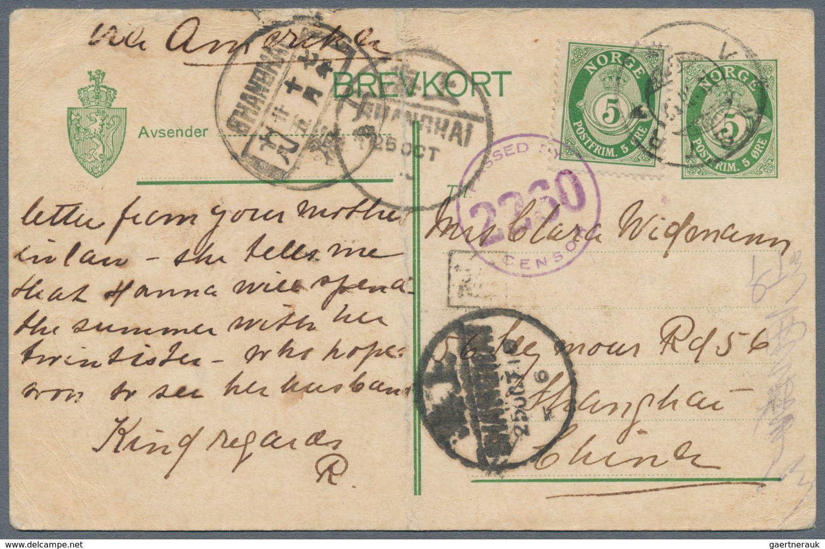 China - Incoming Mail: 1918, Norway, Incoming Mail Postal Stationery Card From Vinstra Via America W - Sonstige & Ohne Zuordnung