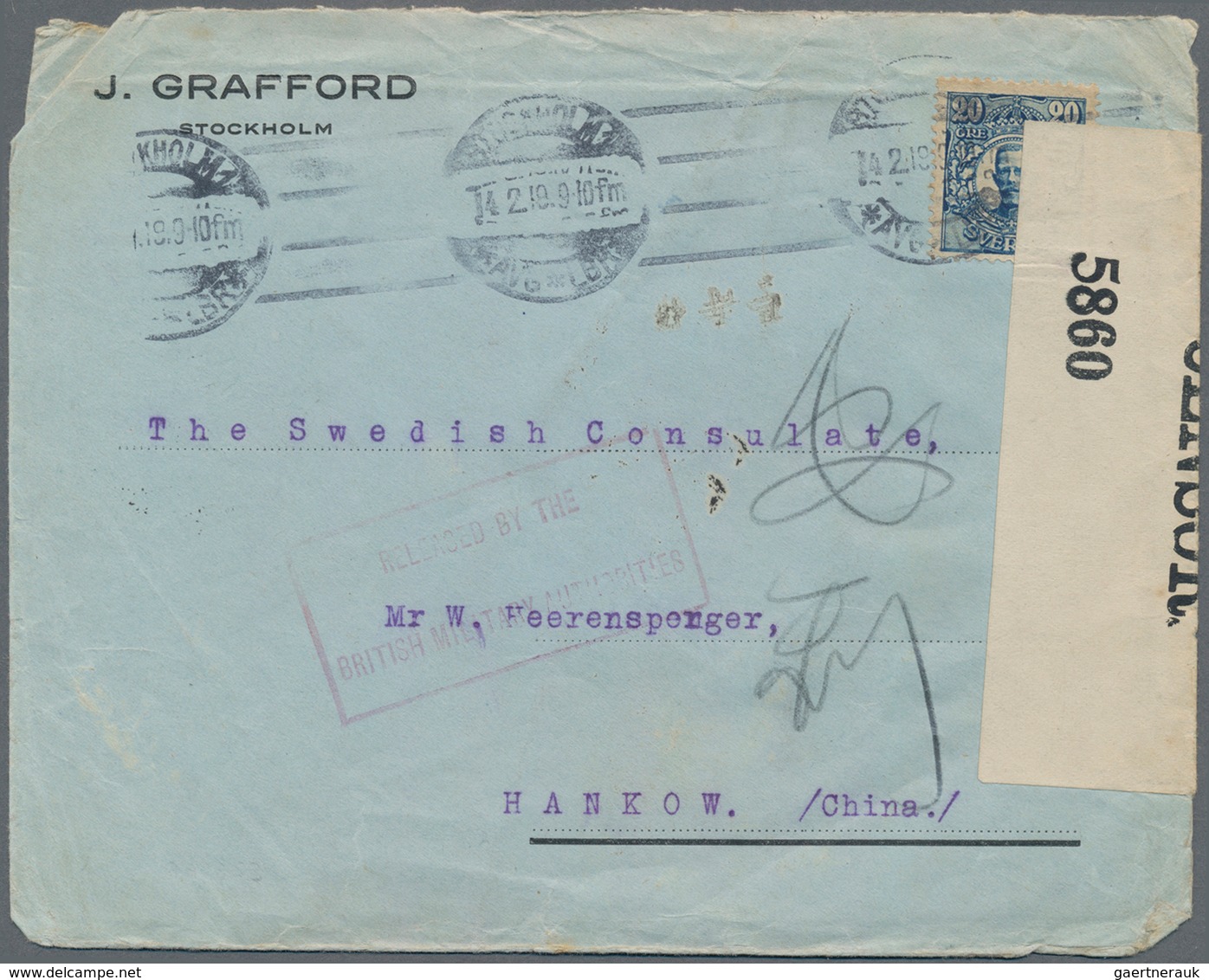 China - Incoming Mail: 1919. Censored Cover (creased) Addressed To The Swedish Consulate, Hankow Bea - Other & Unclassified
