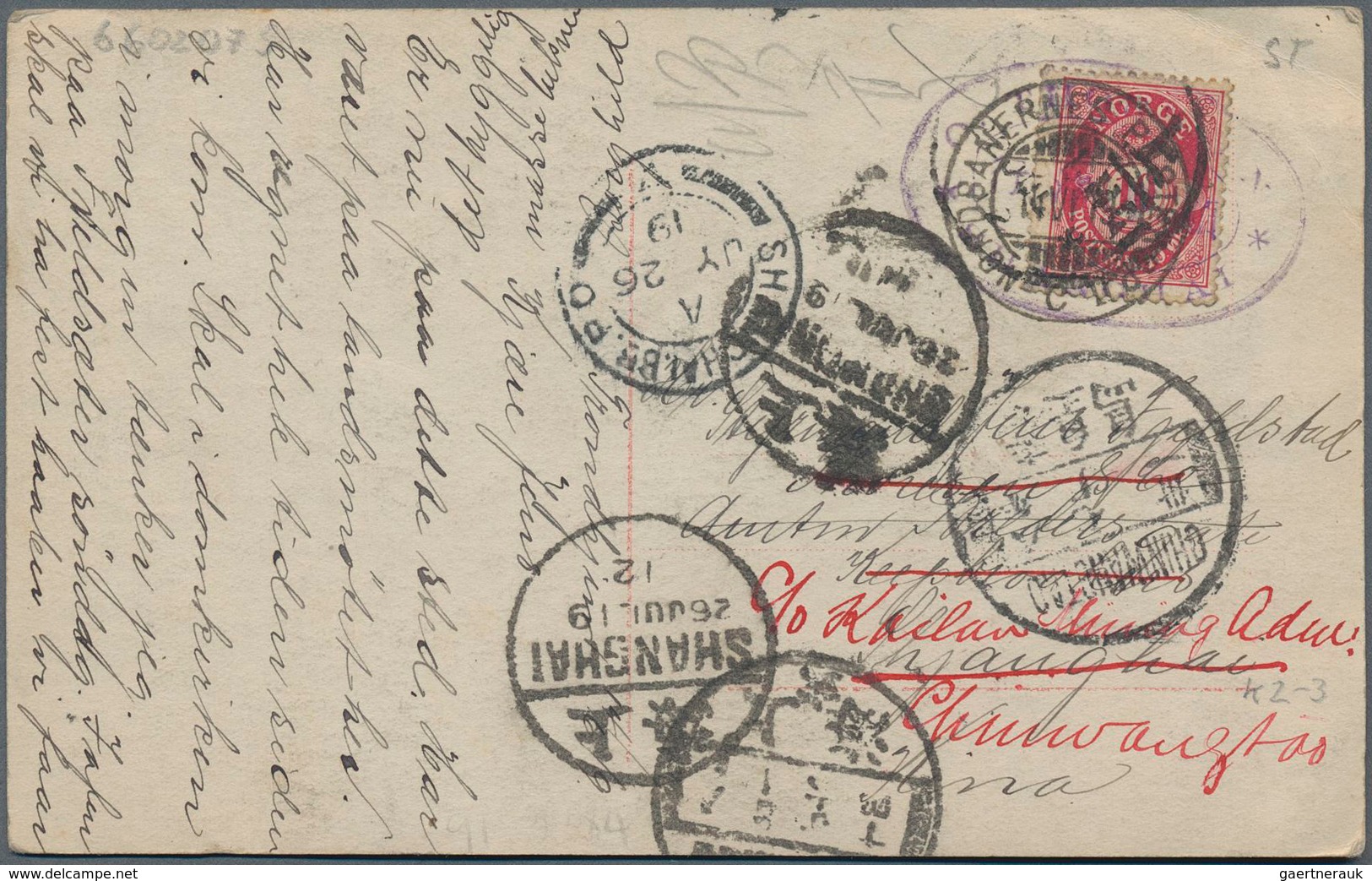 China - Incoming Mail: Norway, 1919, 10 Oe. Tied "NORDBANERNES 14 VI 19" To Ppc To Shanghai And Fwd - Sonstige & Ohne Zuordnung