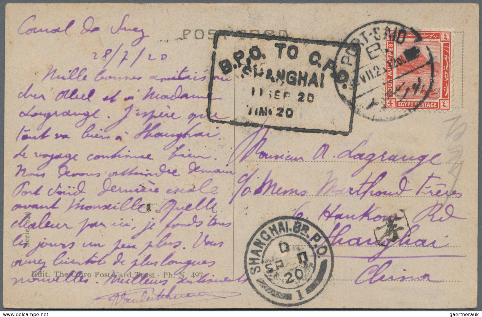China - Incoming Mail: 1920. Picture Post Card Of 'The Light House, Port Said' Written From The 'Sue - Sonstige & Ohne Zuordnung