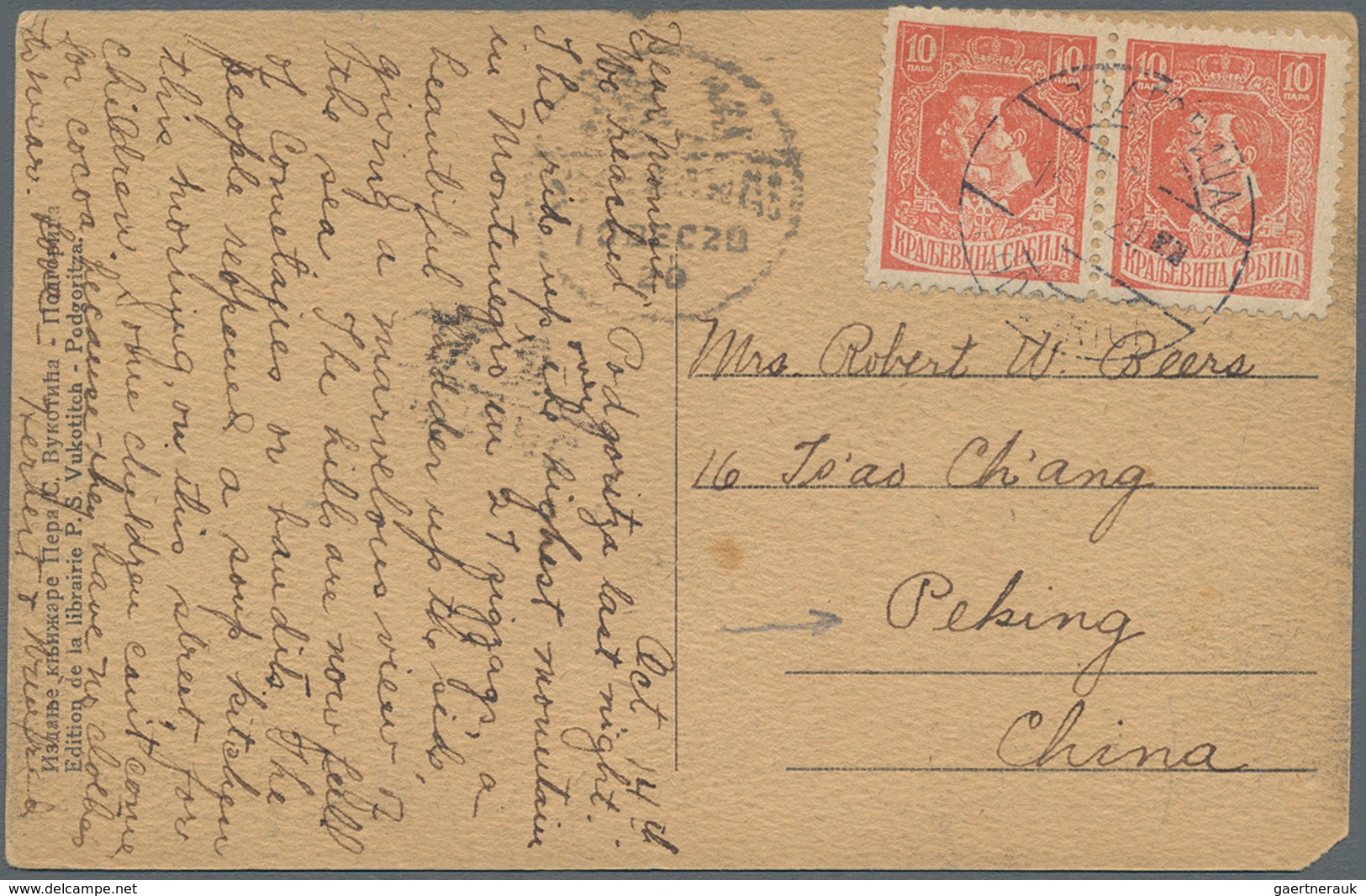 China - Incoming Mail: 1920. YUGOSLAVIA. Poggirica, Montenegro Picture Post Card To Beijing / Peking - Sonstige & Ohne Zuordnung