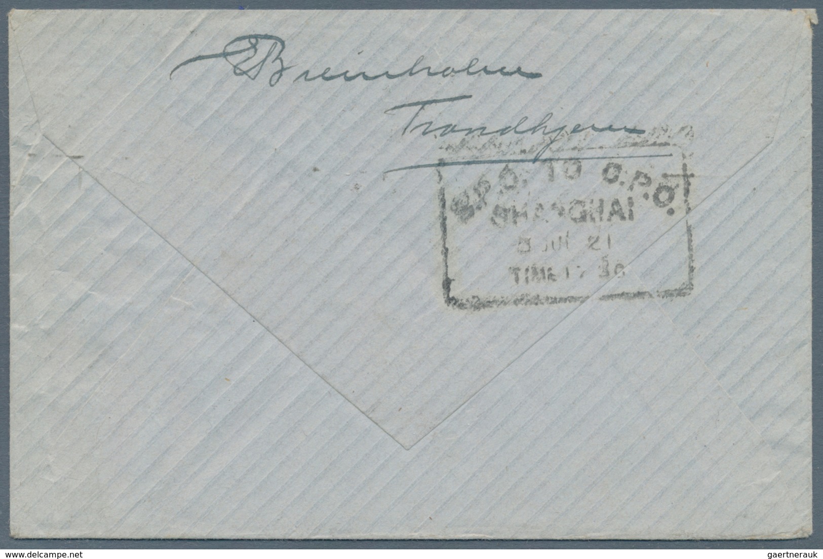 China - Incoming Mail: 1921, Norway, 40 K. Tied Trondheim To Cover To Shanghai With On Reverse "BPO - Sonstige & Ohne Zuordnung