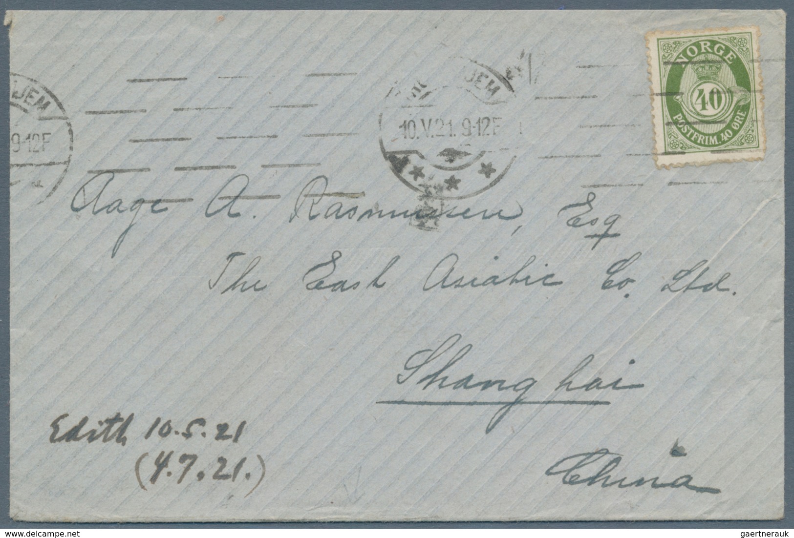 China - Incoming Mail: 1921, Norway, 40 K. Tied Trondheim To Cover To Shanghai With On Reverse "BPO - Sonstige & Ohne Zuordnung