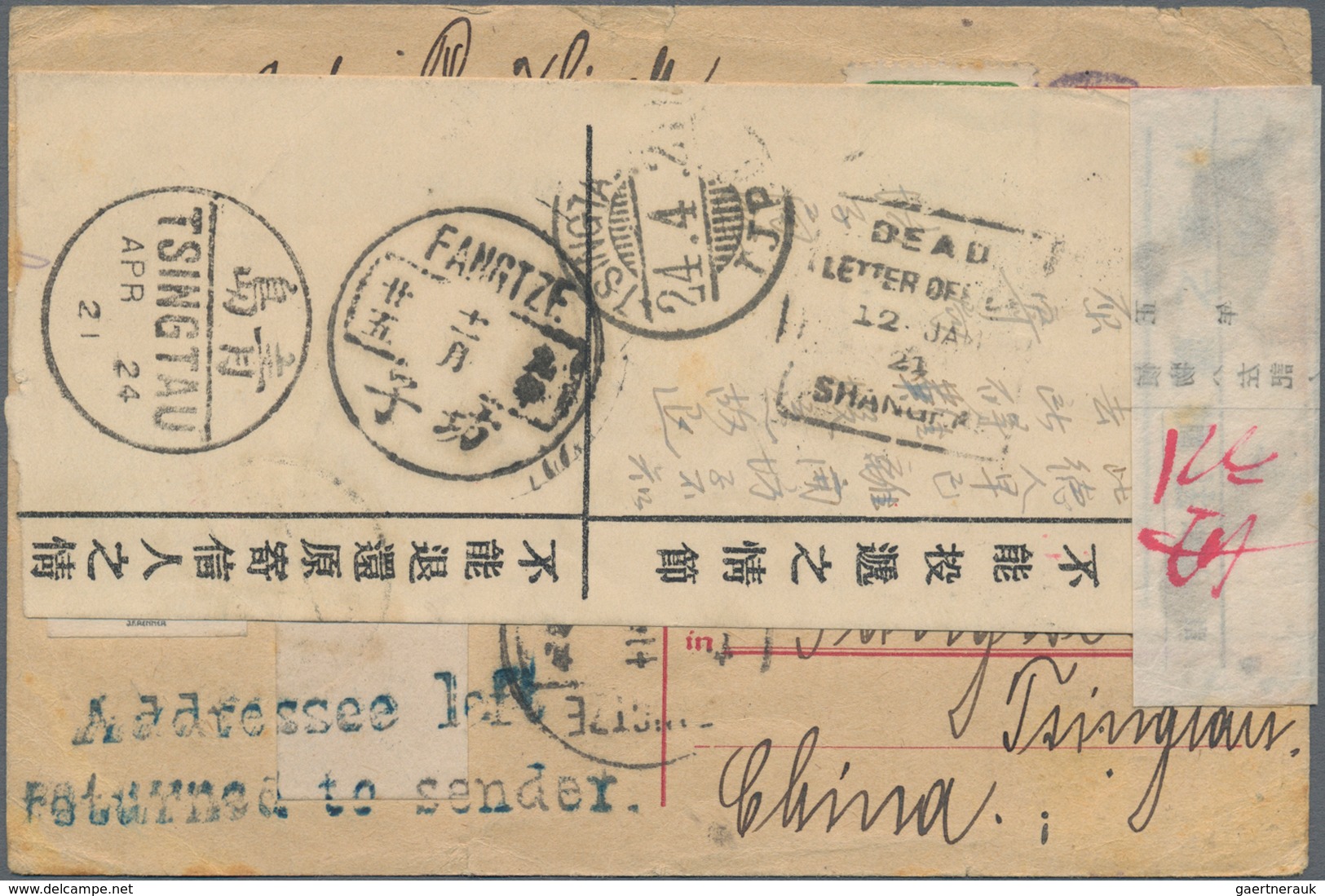 China - Incoming Mail: 1921, "TSINGTAU APR 24 21" Chinese Liaison P.o. And "TSINGTAU 24.4.21 I.J.P.O - Sonstige & Ohne Zuordnung