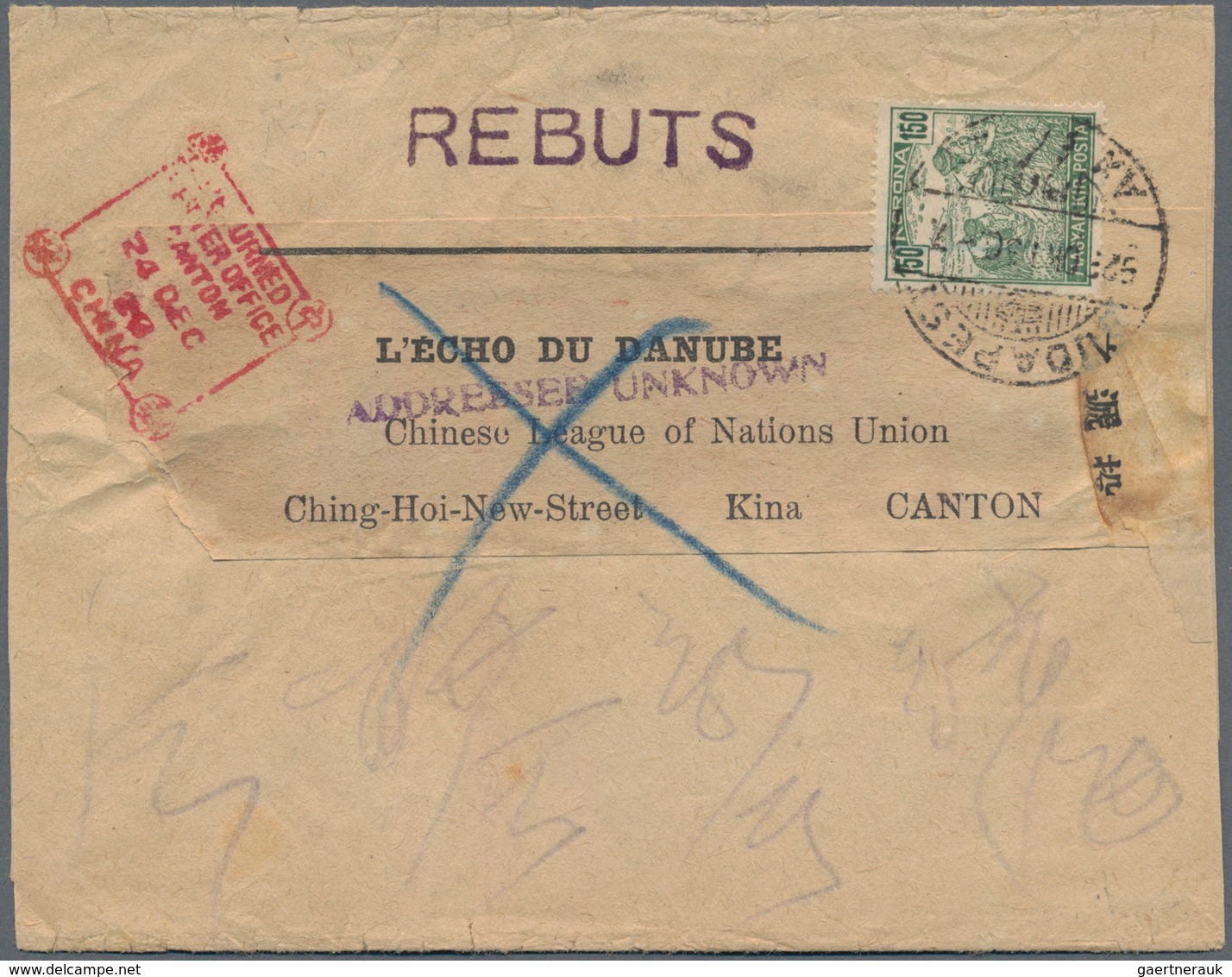 China - Incoming Mail: 1923, Hungary, 150 F. Tied "BUDAPEST 1923 OCT 30" To Wrapper To Canton But Re - Sonstige & Ohne Zuordnung