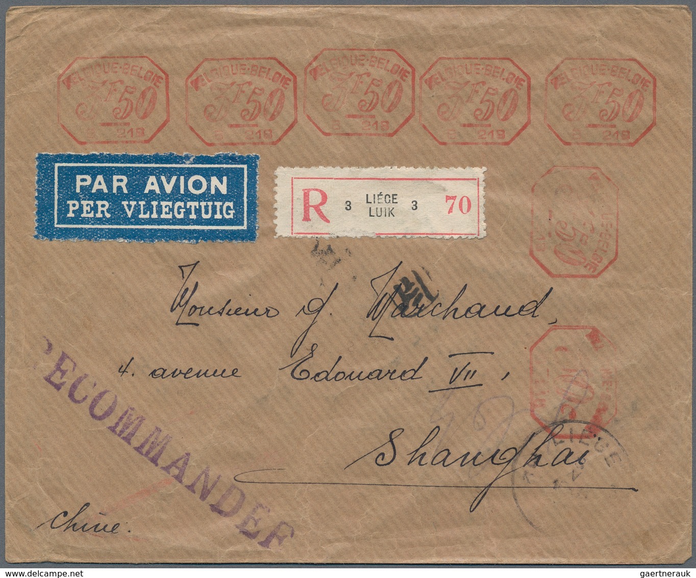 China - Incoming Mail: Belgium 1933, Meter 50 Fr. (7) Canc. "LIEGE 3 V 33" To Registered Cover Via " - Sonstige & Ohne Zuordnung