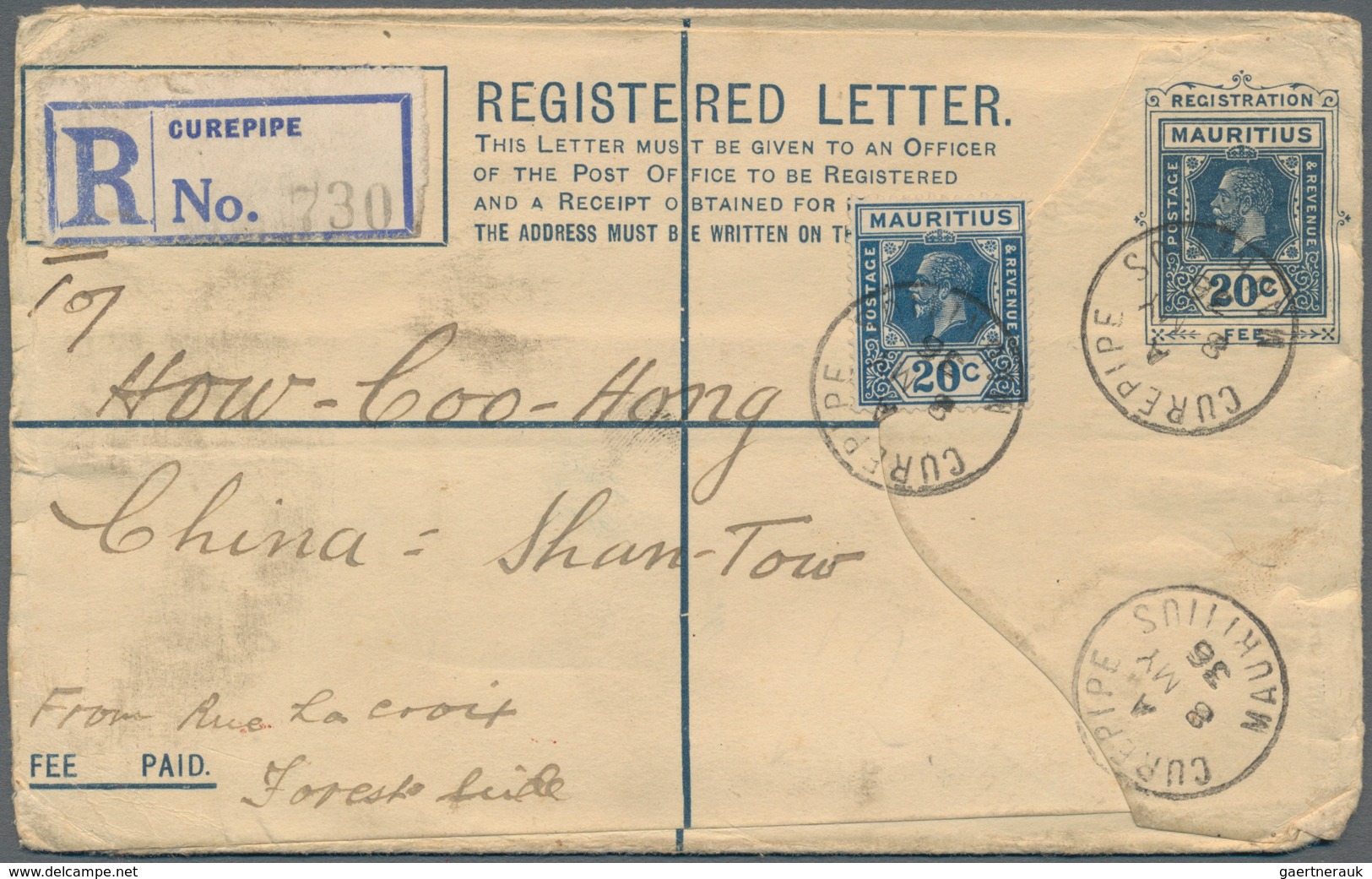 China - Incoming Mail: 1936, Mauritius, Very Rare Provisional Registration Envelope KGV 20 C. Uprate - Sonstige & Ohne Zuordnung