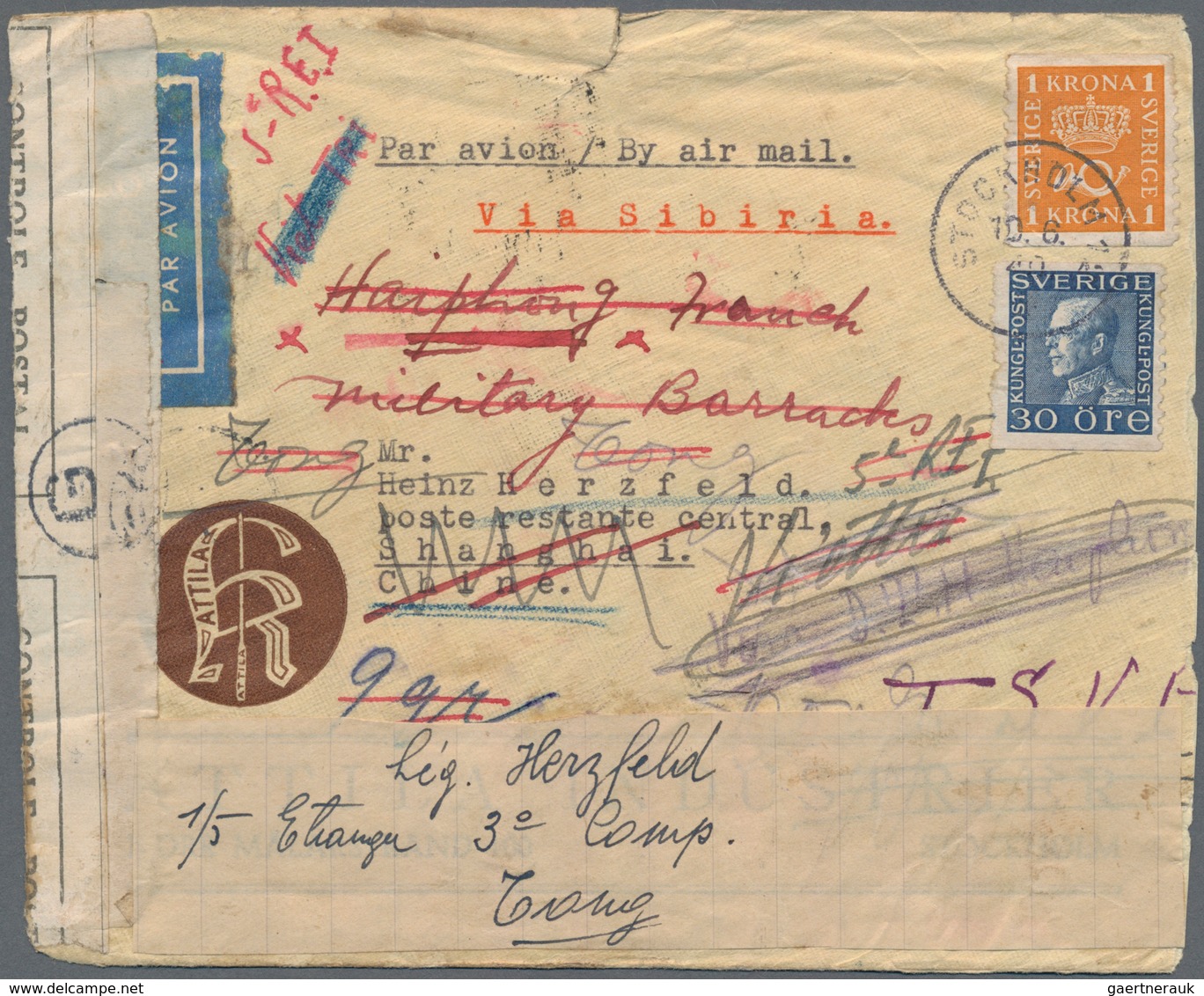 China - Incoming Mail: 1940, Sweden 1.30 Frank Tied "STOCKHOLM 10.6.40" To Air Mail Cover Via Siberi - Sonstige & Ohne Zuordnung