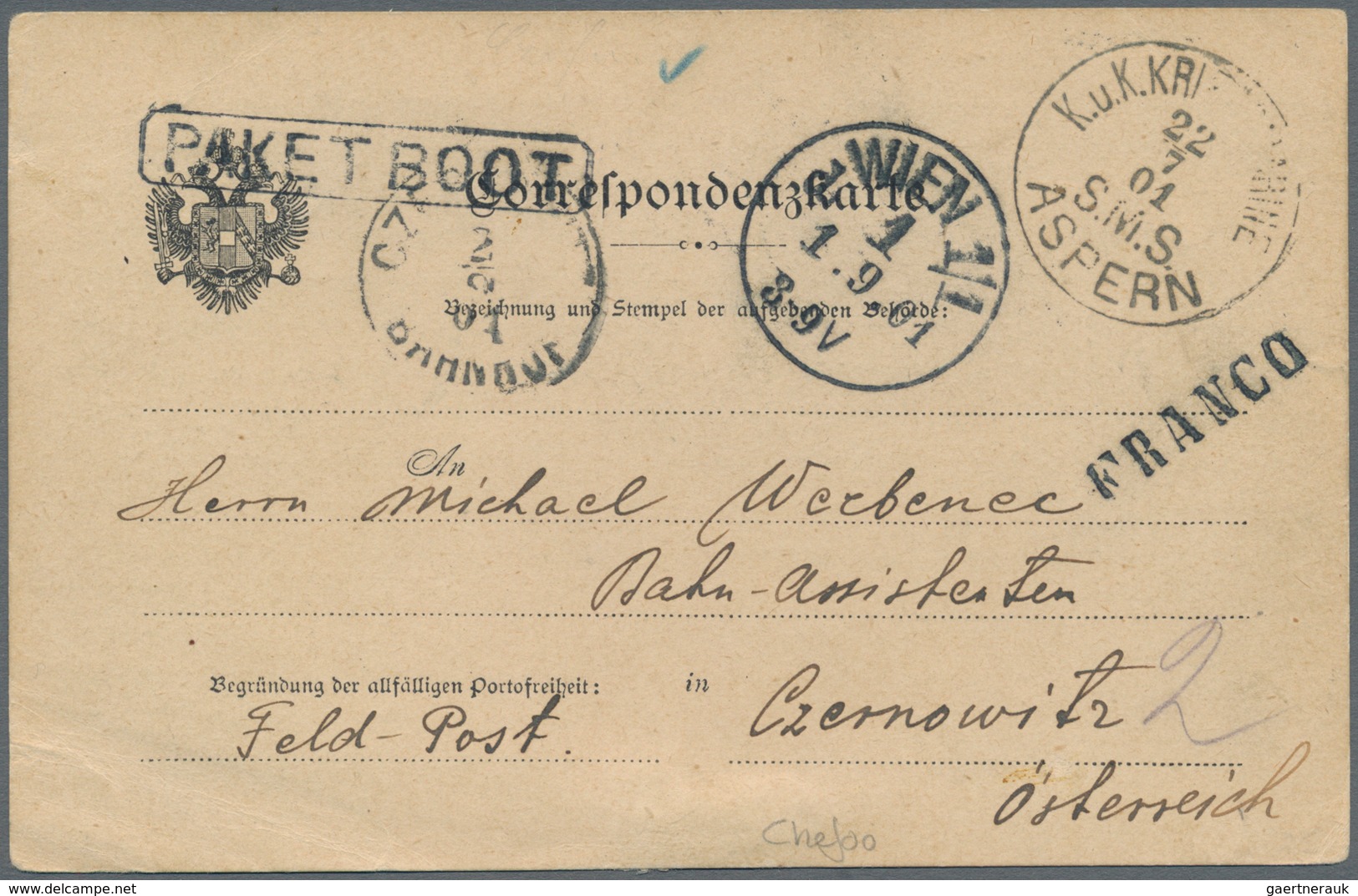 China - Fremde Postanstalten / Foreign Offices: 1901, Boxer Uprising, Austria Navy Mails, Crested Of - Altri & Non Classificati