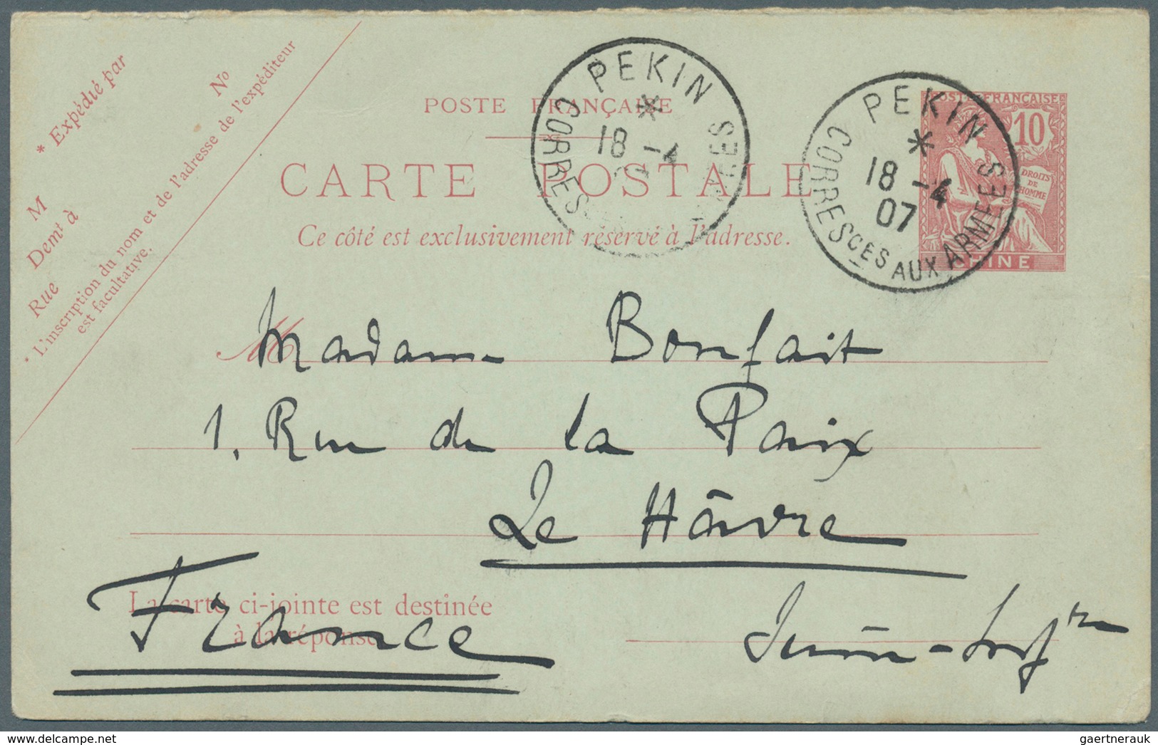 China - Fremde Postanstalten / Foreign Offices: 1907. French China Postal Stationery Card 10c Red Ca - Sonstige & Ohne Zuordnung