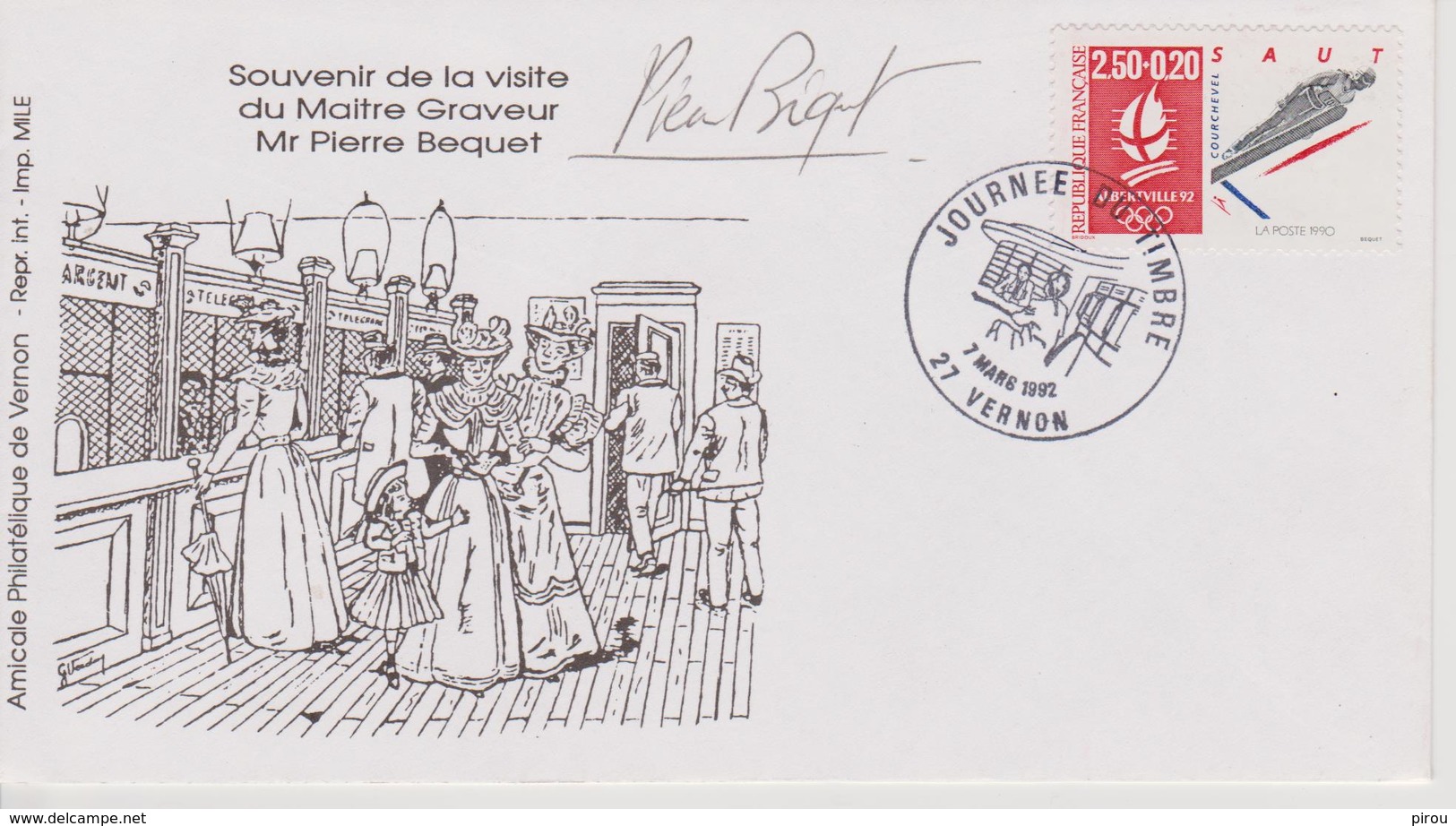 FDC JOURNEE DU TIMBRE 1992 JO D'ALBERTVILLE ( Avec Autographe Du Maitre Graveur P.BEQUET ) - Journée Du Timbre