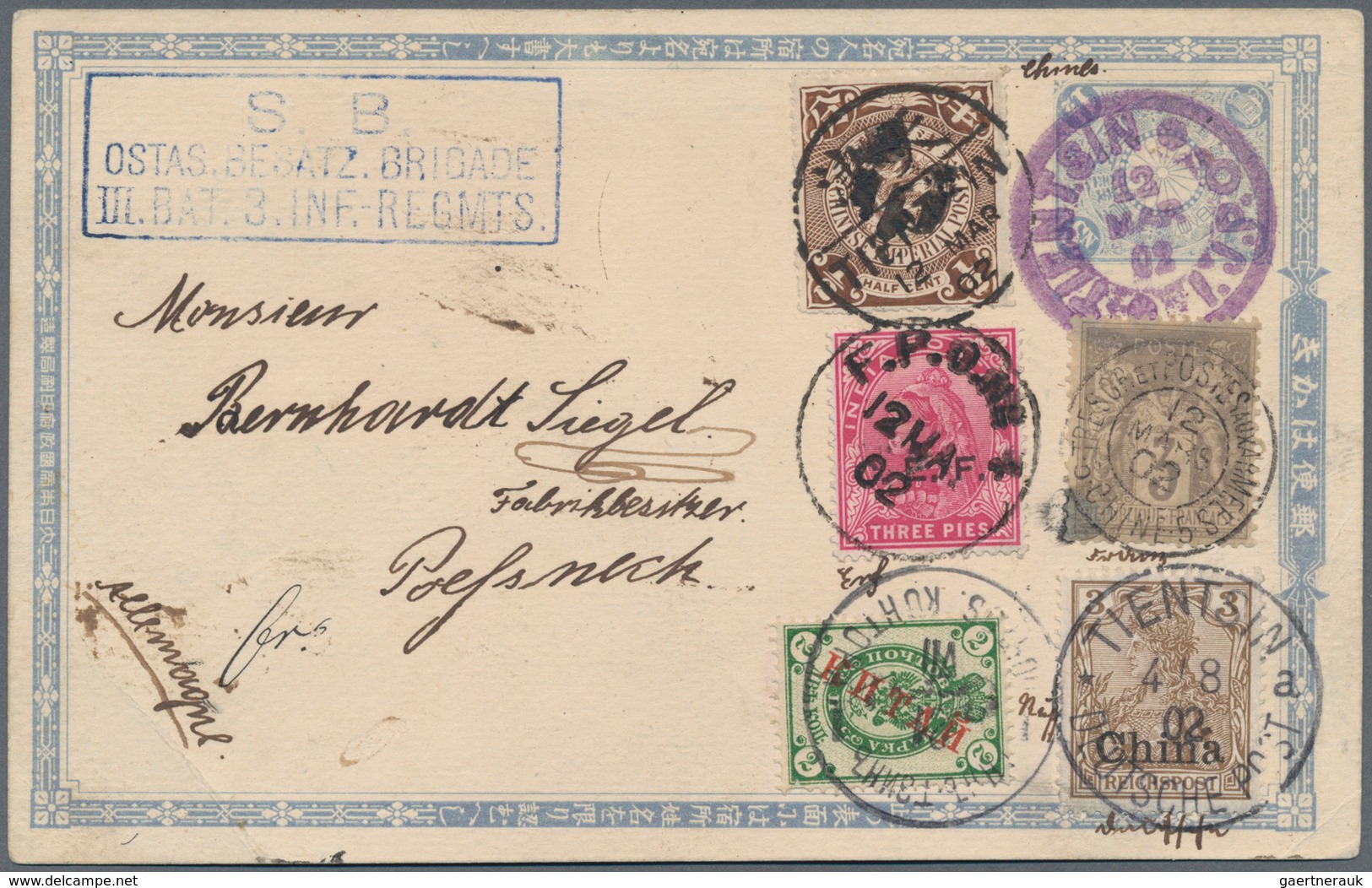 China - Fremde Postanstalten / Foreign Offices: 1902, Japanese 1½ S. Gray, Tied To Violet K1 "TIENTS - Other & Unclassified