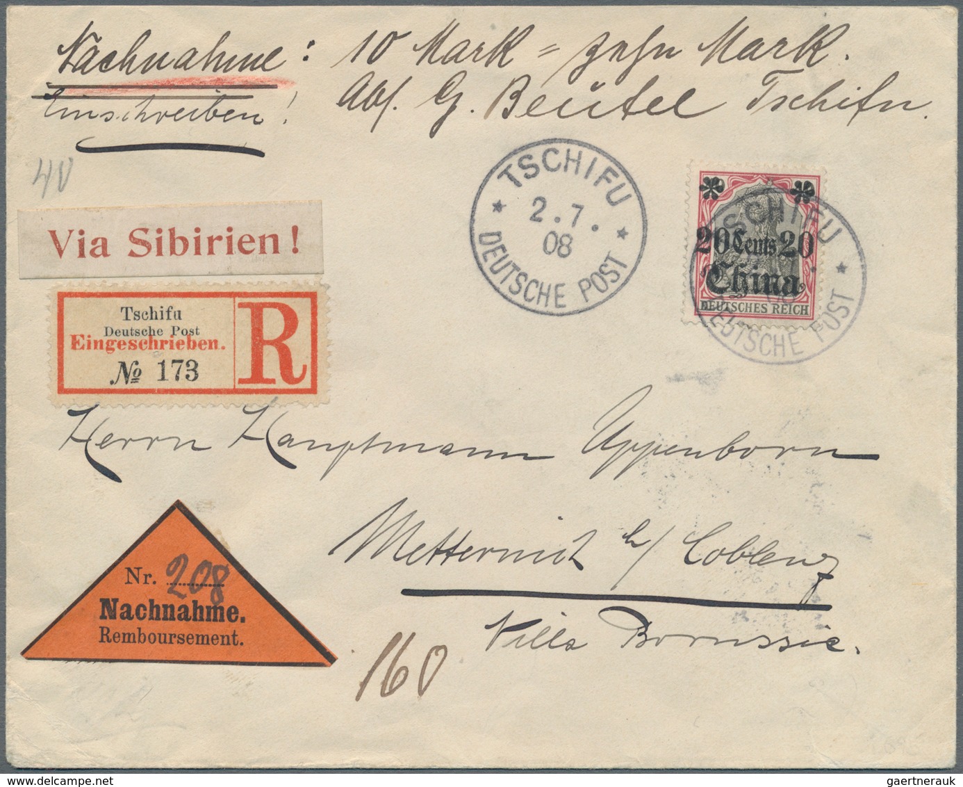 China - Fremde Postanstalten / Foreign Offices: 1908, Germany, Chefoo, 20 C./40 Pf. Tied "TSCHIFU DP - Sonstige & Ohne Zuordnung
