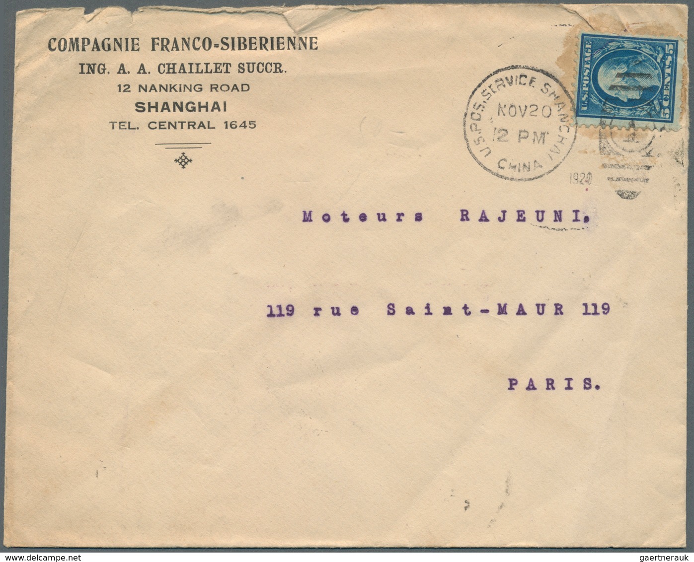 China - Fremde Postanstalten / Foreign Offices: United States, 1920. Envelope (roughly Opened, Toned - Other & Unclassified