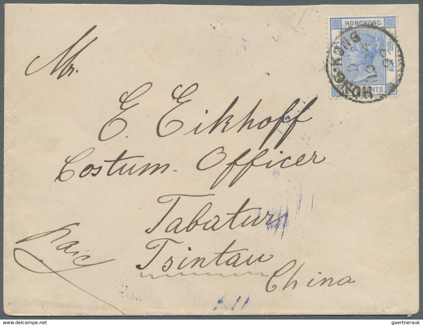 China - Besonderheiten: 1899. Envelope Addressed To 'Customs Officer, Tsintau, China' Bearing Hong K - Sonstige & Ohne Zuordnung